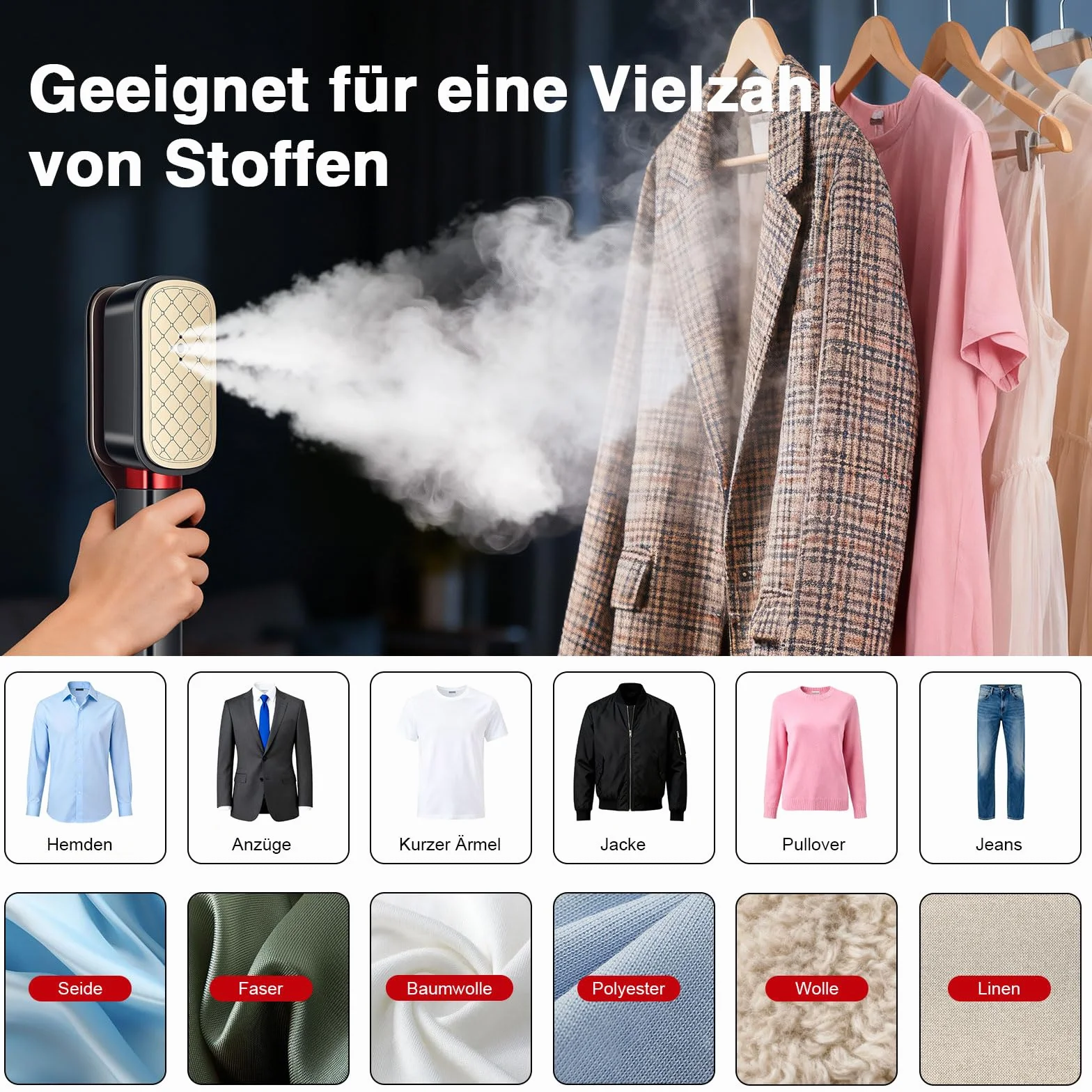 ERWEY Dampfglätter, Steamer Dampfglätter 1000W, 3-in-1 Reisebügeleisen 20s Schnelles Aufheizen Steamer, 1.8M Kabellänge Steamery, 180° Flip Handle Design für Reisen Home, Schwarz