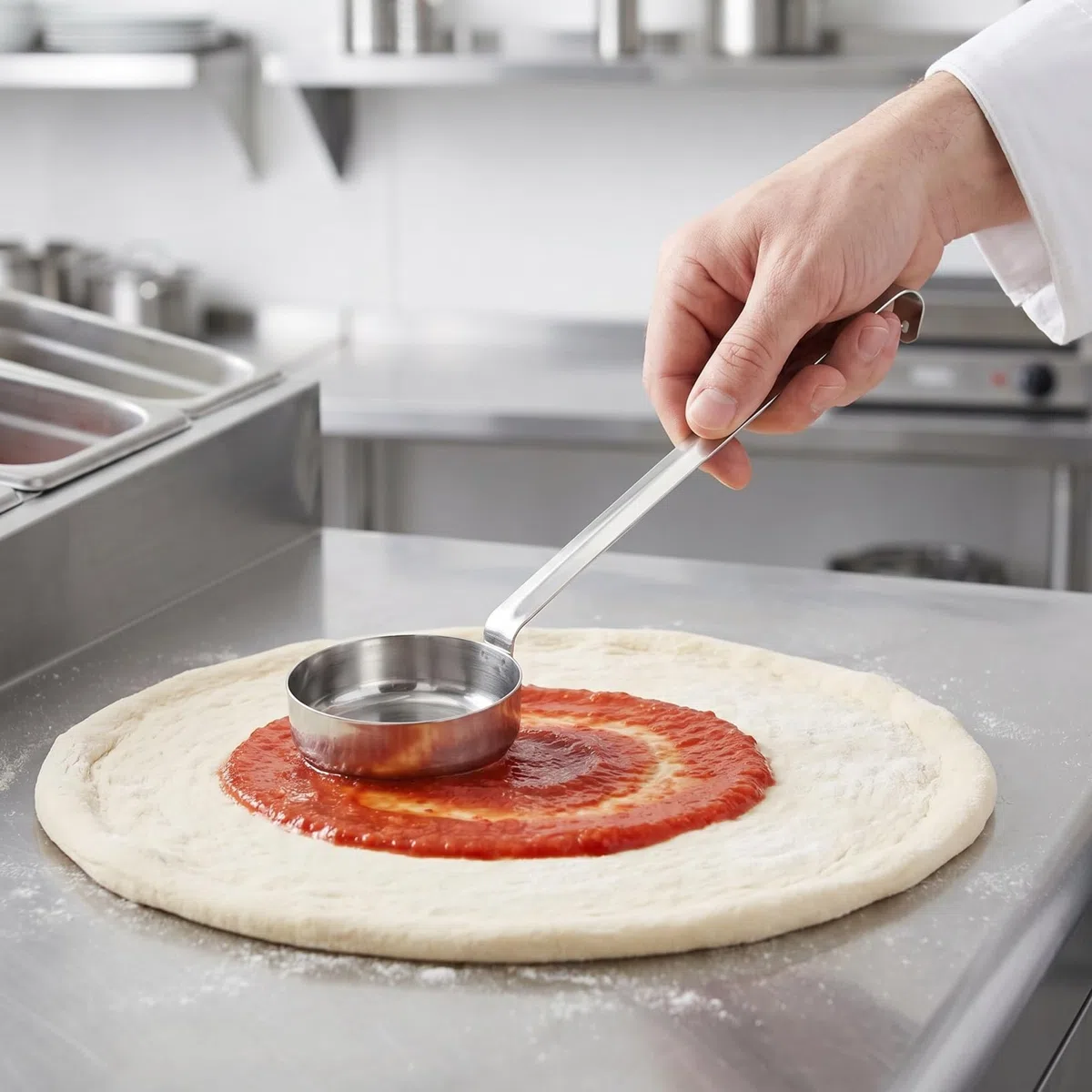 TOPBATHY 2 Stück Pizzasaucenlöffel aus Edelstahl, flacher Soßenlöffel mit langem Griff, Portionskelle für Pizza, Tomatensauce, Ketchup, Dressing, Küche und Restaurant