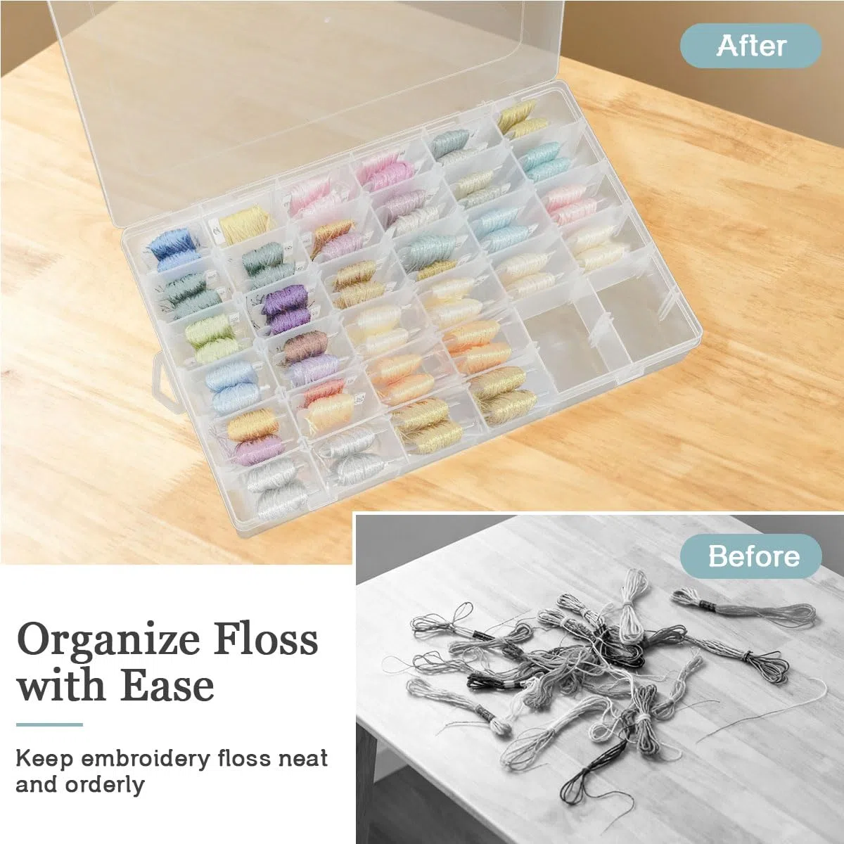 2 Stück Stickgarn Organizer Kreuzstich Faden Aufbewahrungsbox, 36 Abnehmbare Fächer mit 1 Spulenwickler, 150 Hartplastik Zahnseide Spulen und 2 Aufkleber für DIY Handwerk Basteln Nähen
