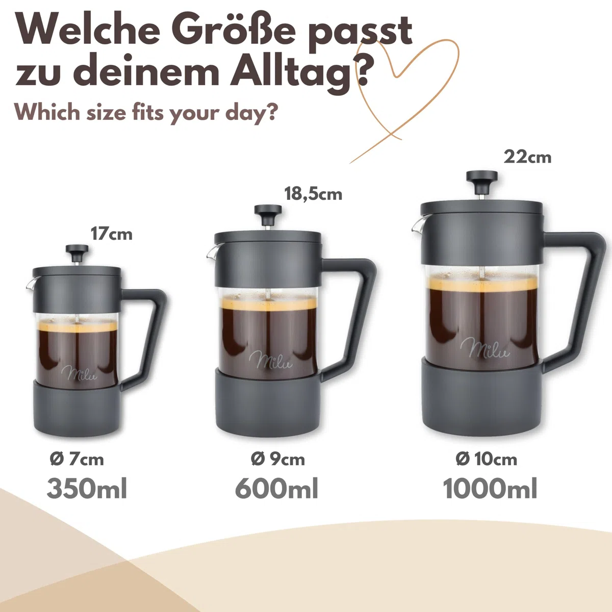 Milu French Press Kaffeebereiter | 350ml, 600ml, 1L | Glas Kaffeepresse, Kaffeezubereiter für Zuhause Reisen Camping inkl. Untersetzer, Löffel, Ersatzfilter (Schwarz, 1000ml (5 Tassen)