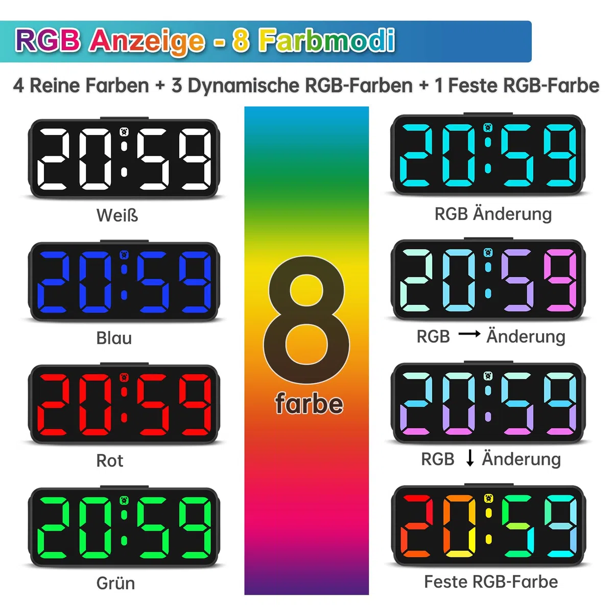Eachui Wecker Digital RGB Farbiger wecker für Kinder Ohne Ticken Kleiner Uhr Einstellbare Lautstärke und Helligkeit Snooze Funktion 12/24 Stunden Netzbetrieben