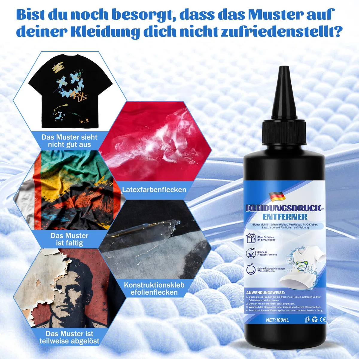 Flexentferner, Flockentferner Entferner Cleaner – Lösungsmittel zum Entfernen von Flex & Flock, Mit Schaber aus Kuhknochenimitat & Pinzette, Schonend für Textilien, 100ml