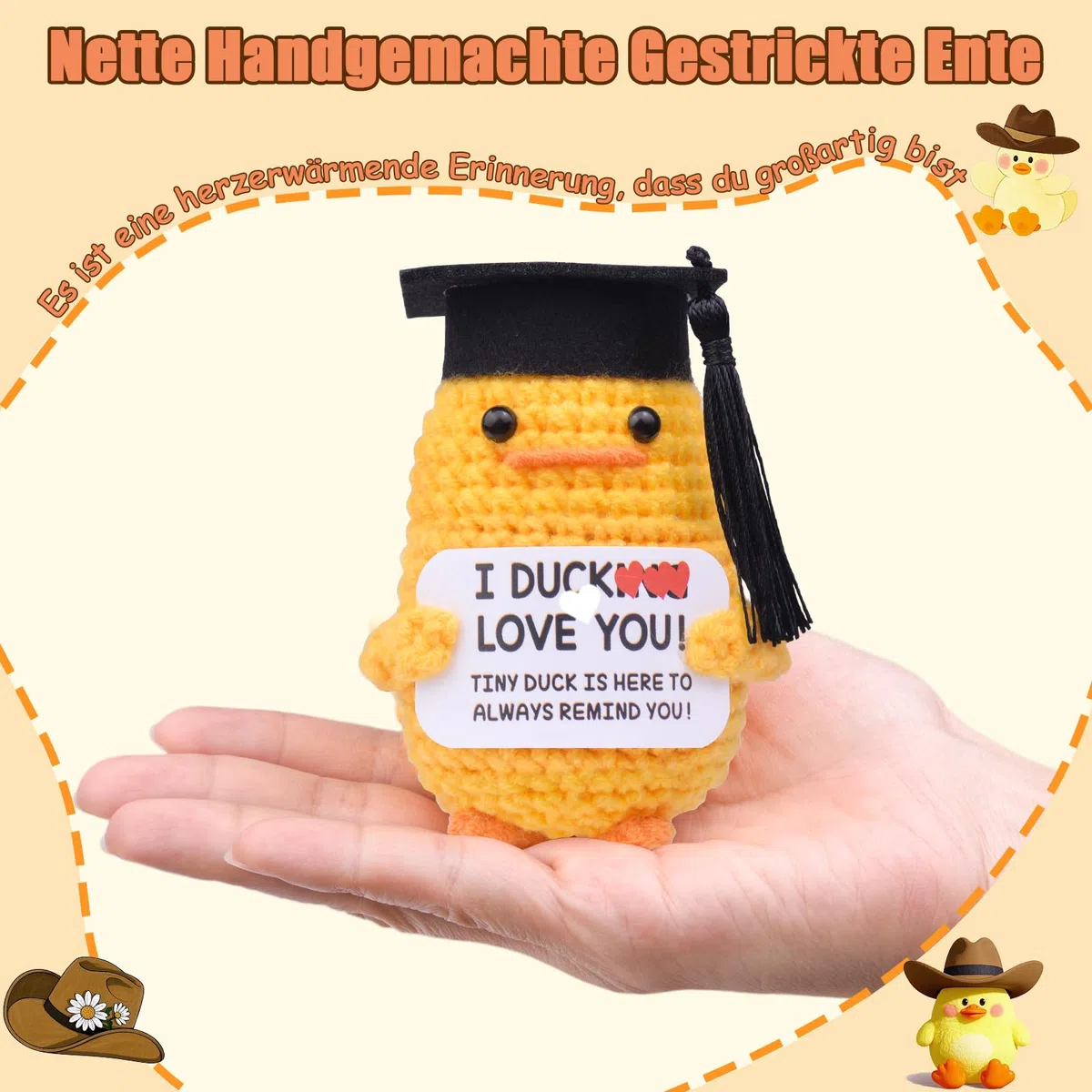 Mwmoeen Pocket Hug Positive Ente Doktorhut Studentenhut, Positive Duck Strickwolle Ente Bachelor Hut, Emotionale Unterstützung Enten Geschenke Absolvent Party-Dekoration Geschenke für Absolventen