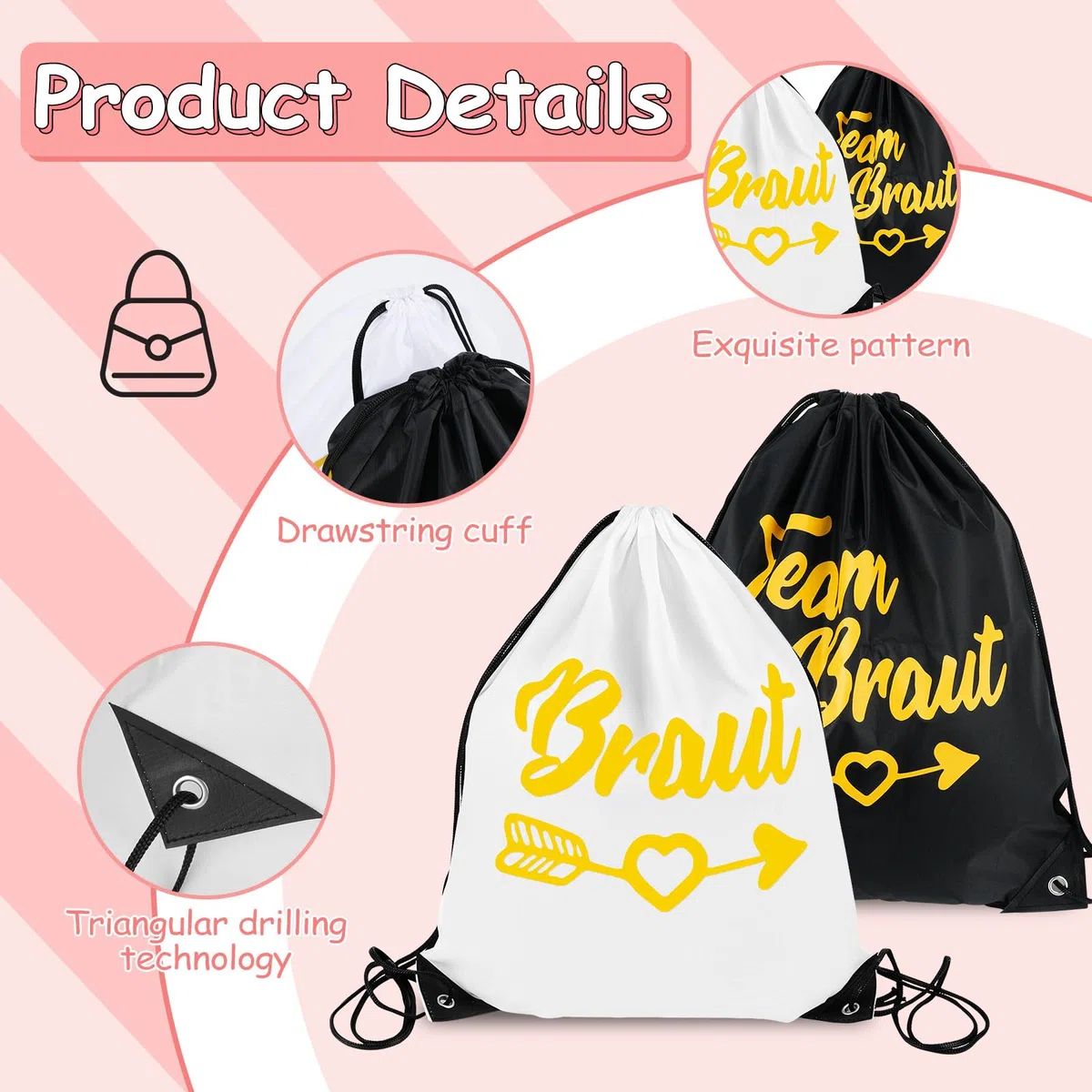 8PCS Turnbeutel Team Braut GA Beutel Set,Turnbeutel Team Braut mit Kordelzug für Brauts Party Geschenke Hochzeit,42x43cm,JGA Junggesellenabschied Frauen Turnbeutels Damen,Teams Brauts rucksack Set