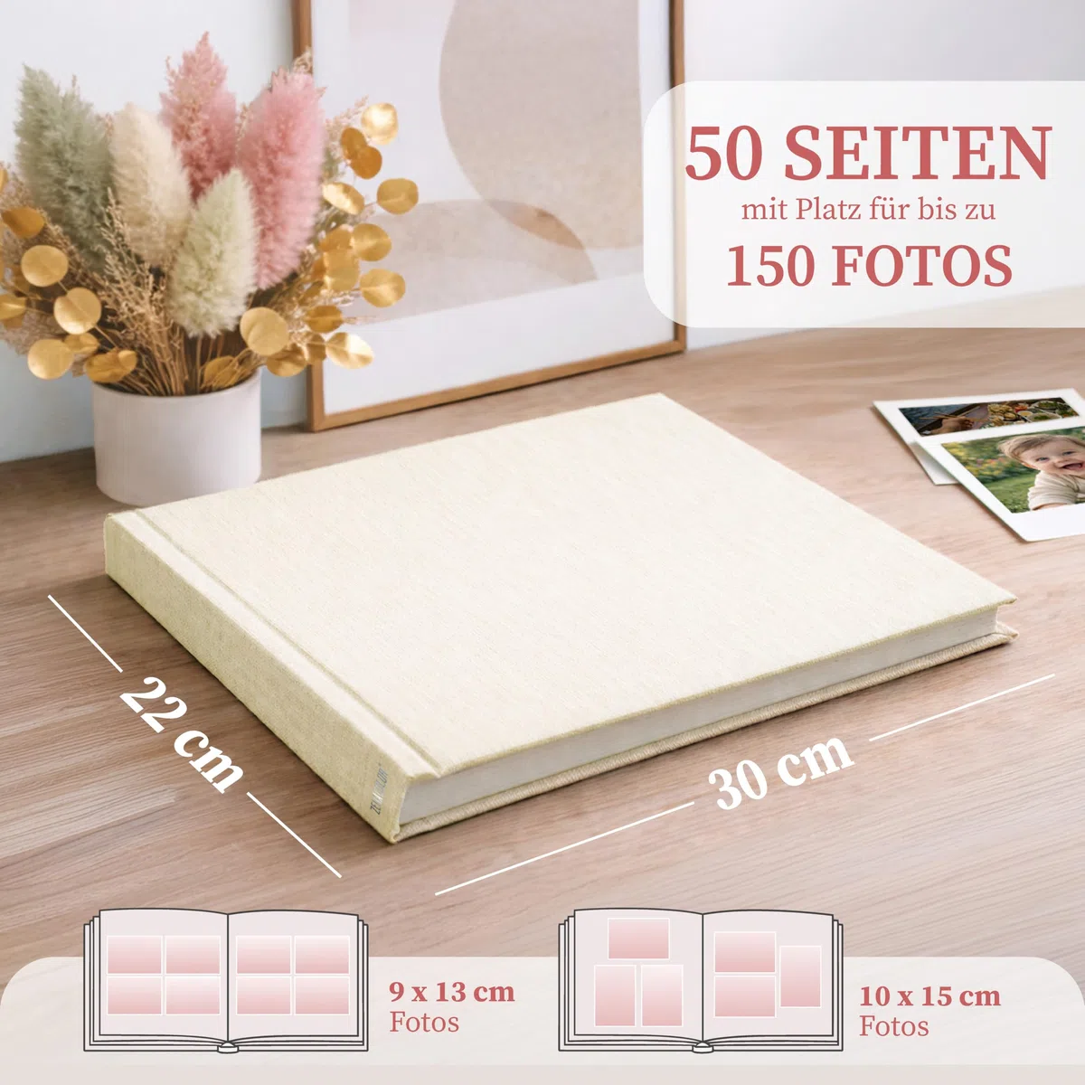 Zenacolor Fotoalbum zum Selbstgestalten - Fotobuch 30x22cm in Beige - 50 weiße Seiten & Platz für 150 Fotos - Scrapbook echtes Leinen