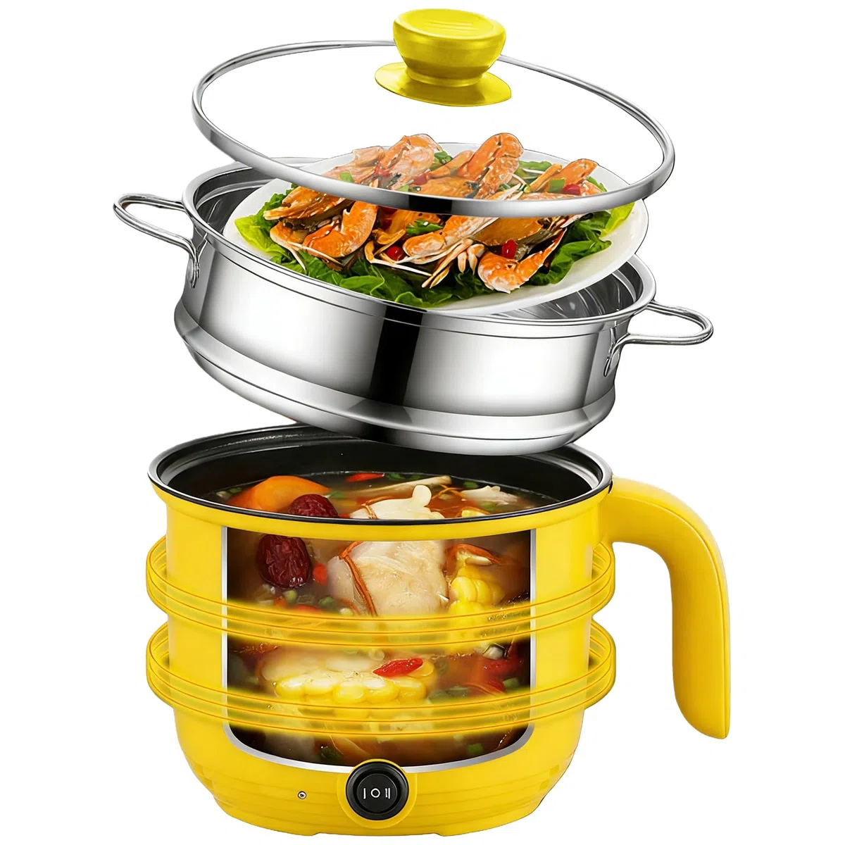 Elektrische Hot Pot mit Dampfgarer, Hotpot Topf Elektrischer Mehrzweckpfanne Mini Tragbare Antihaft Multikocher, Electric Bratpfanne Schneller Ramen Kocher für Steak/Nudeln/Suppe/Ei/Hafer