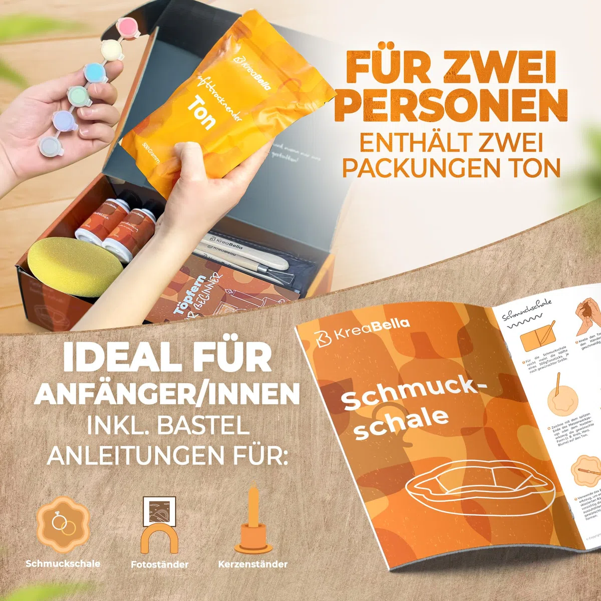 Töpferset für Einsteiger – 17-teiliges Keramik- und Modellierset mit Werkzeugen, Farben & Ton – Mini Set zum Töpfern inkl. Acrylfarben, Pinsel, Tonmasse & Zubehör von KreaBella