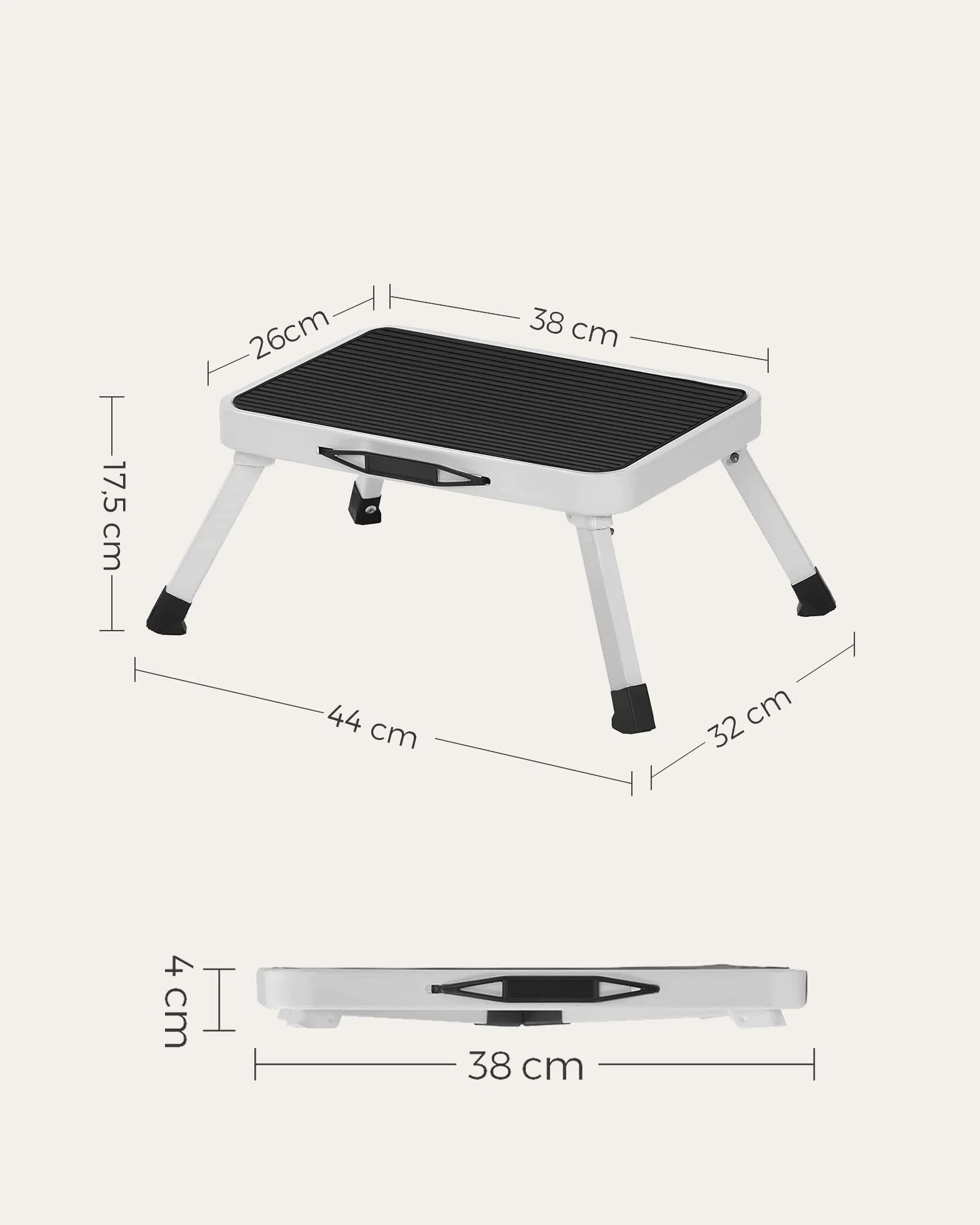 SONGMICS Tritthocker, Trittleiter, Klapptritt, einstufige Leiter aus Stahl, rutschfeste Trittfläche, bis zu 150 kg belastbar, Größe ausgeklappt 32 x 44 x 17,5 cm, weiß GSL01WT