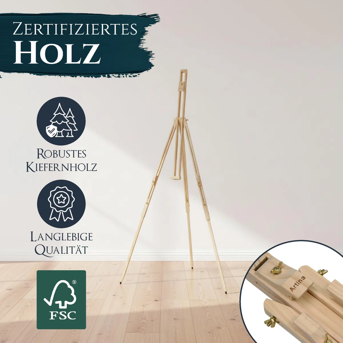 Artina Leichte Feldstaffelei aus Kiefernholz Leinwände bis 100cm Malaga – Tragbare Staffelei Neigungswinkel für waagerechtes Malen & Zeichnen – Dreibein Malstaffelei Holzstaffelei rutschfeste Füße