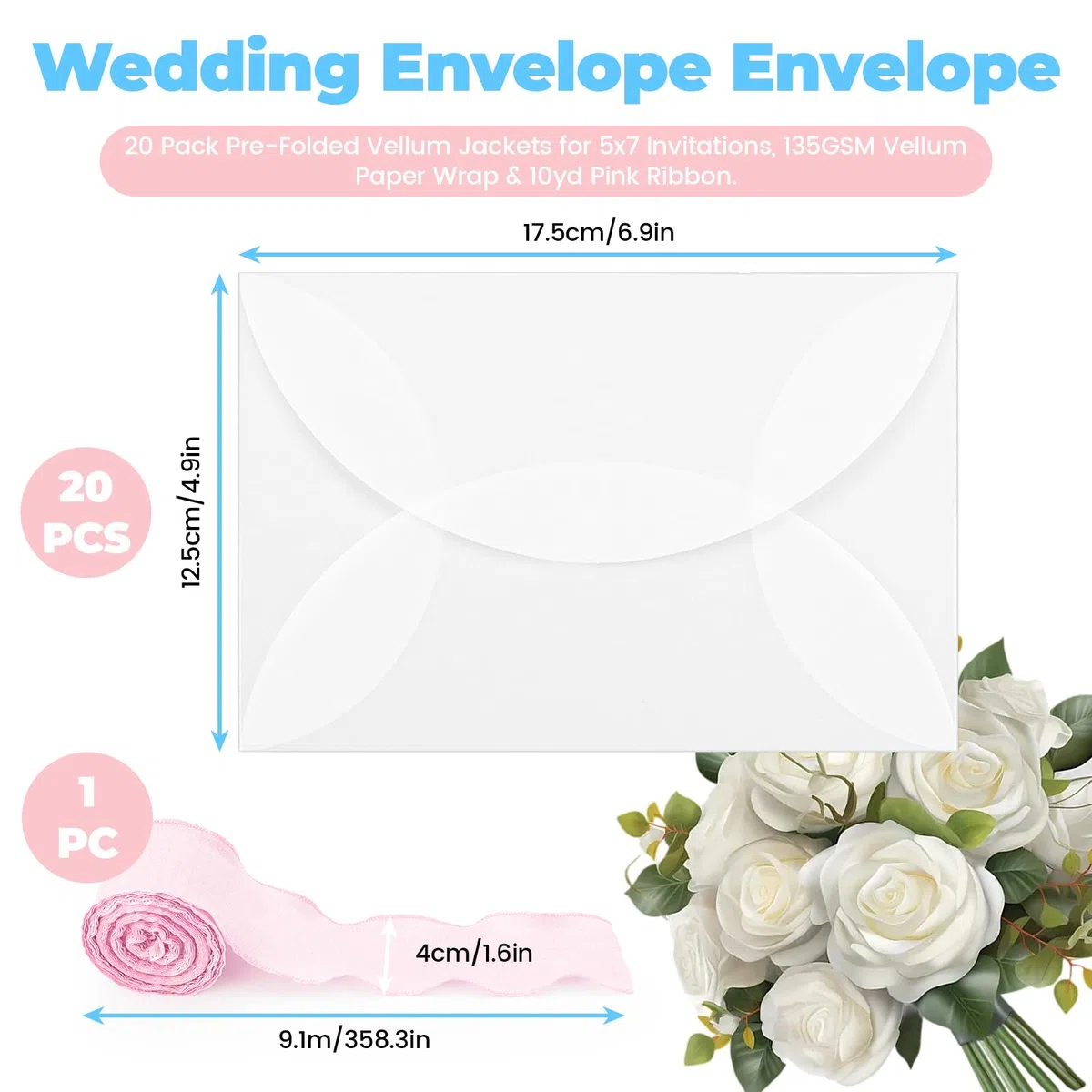 LELE LIFE 20 Stück vorgefaltete Pergamenthüllen für 12,7 x 17,8 cm Einladungen, 135 g/m² Pergamentpapier und 9,1 m rosa Band, durchscheinende Hochzeitseinladungshüllen, Umschlageinlagen