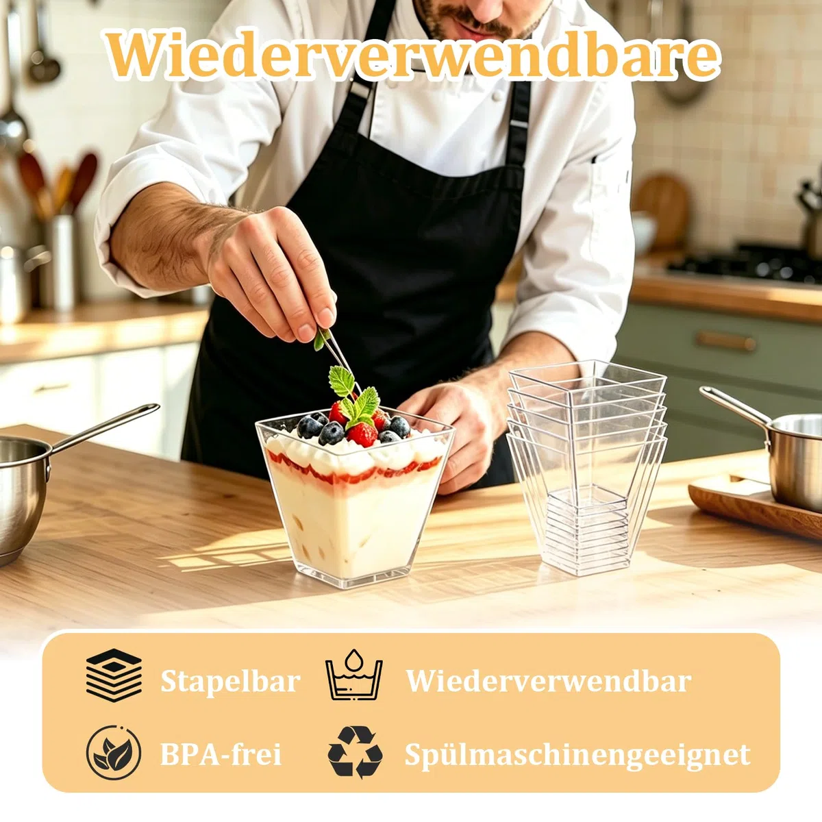 Mehrweg Dessertbecher 160 ml aus BPA-freiem PP Kunststoff – Wiederverwendbar, Spülmaschinengeeignet, Robuste Dessertgläser für Tiramisu, Mousse und Snacks (50 Stück)