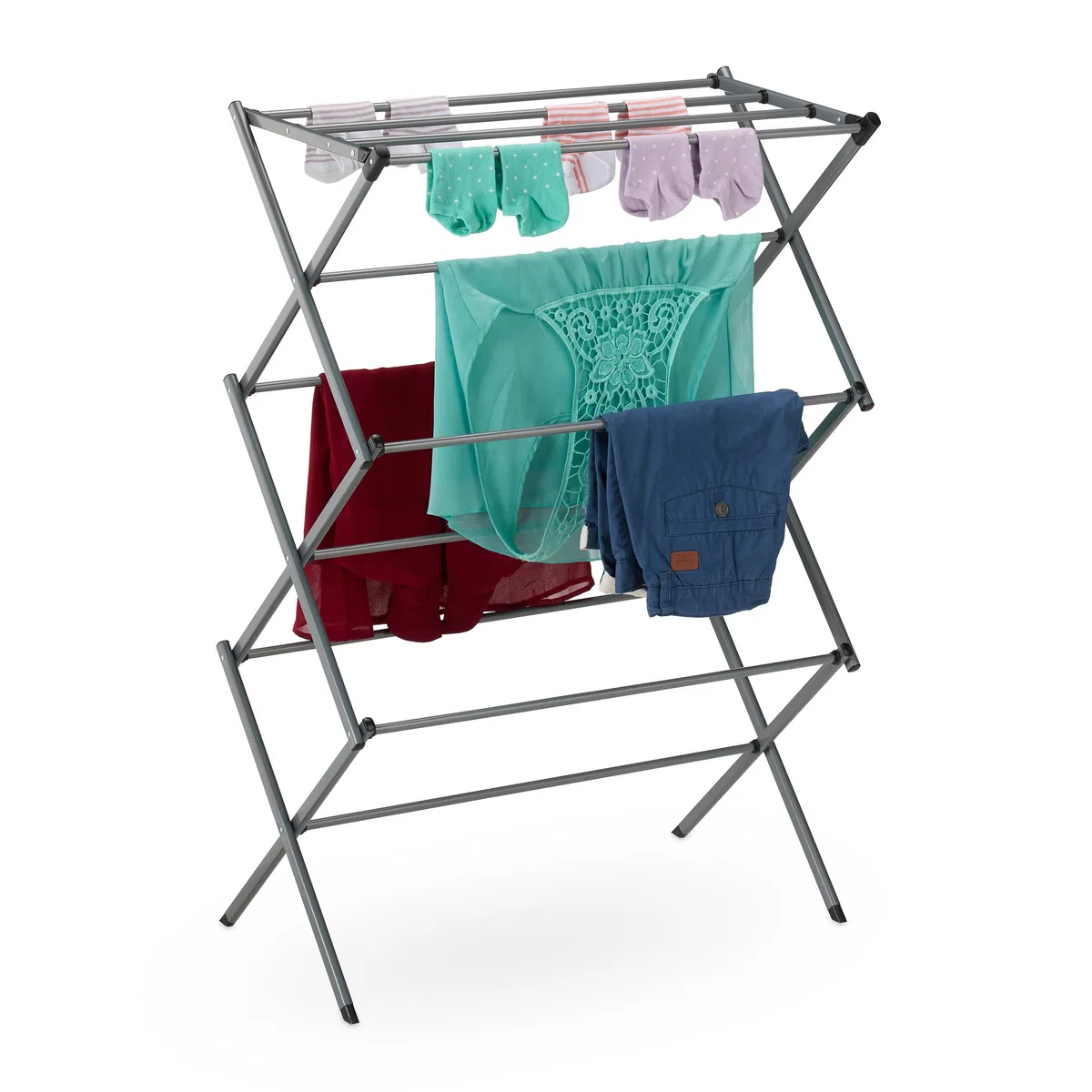 Relaxdays Wäscheständer klappbar, 11 Stangen, 6 Ebenen, HBT: 105x73x37 cm, Wäscheturm, Metall Wäschegestell, Silber