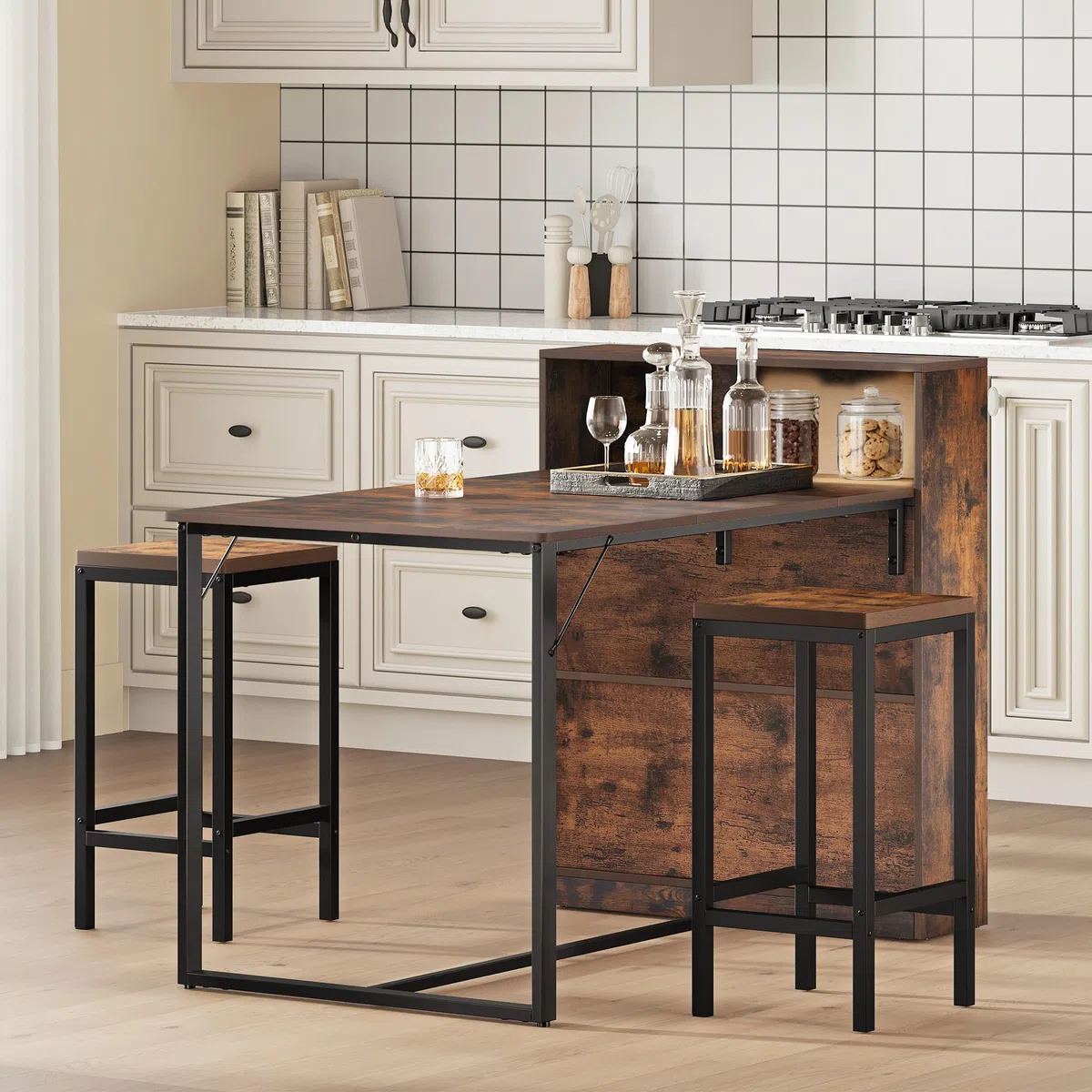 YITAHOME Esstisch mit Ablageflächen, 130 x 77,4 x 75/95 cm, stabiles Metallgestell, Industriestil, für Wohnzimmer, Küche, Rustikales Braun und Schwarz