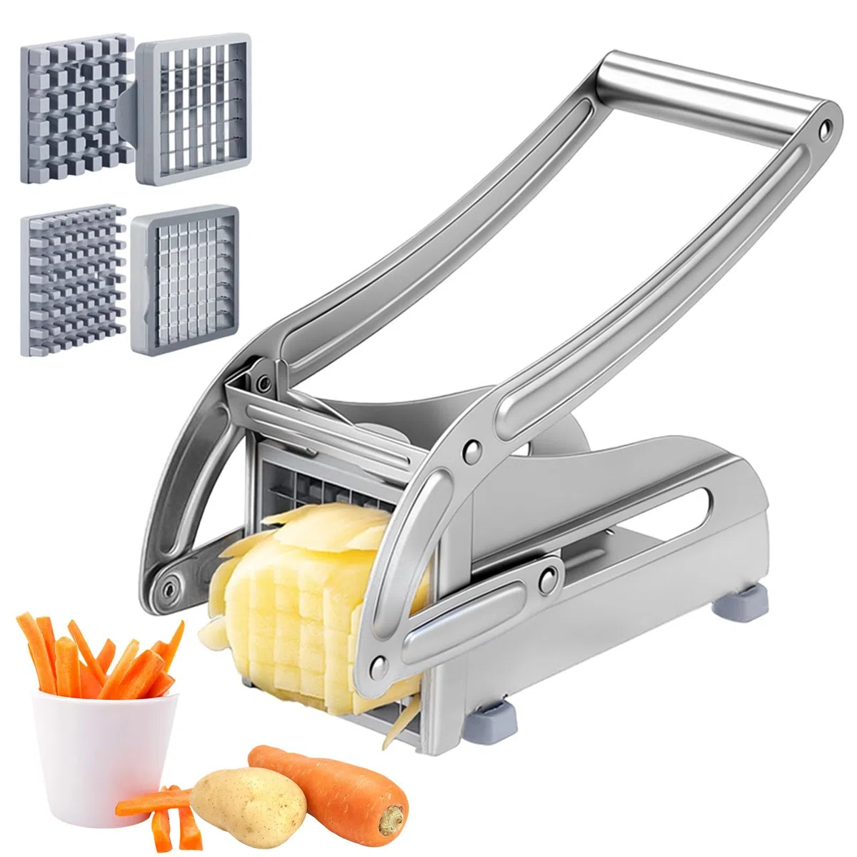 CEWROM Pommesschneider Edelstahl, Pommespresse mit 2 Klingengrößen (36/64 Raster), Pommes Schneider mit Rutschfester Gummibasis, Pommes Frites Schneider für Ganze Kartoffeln, Karotten, Gurken, Zwiebel