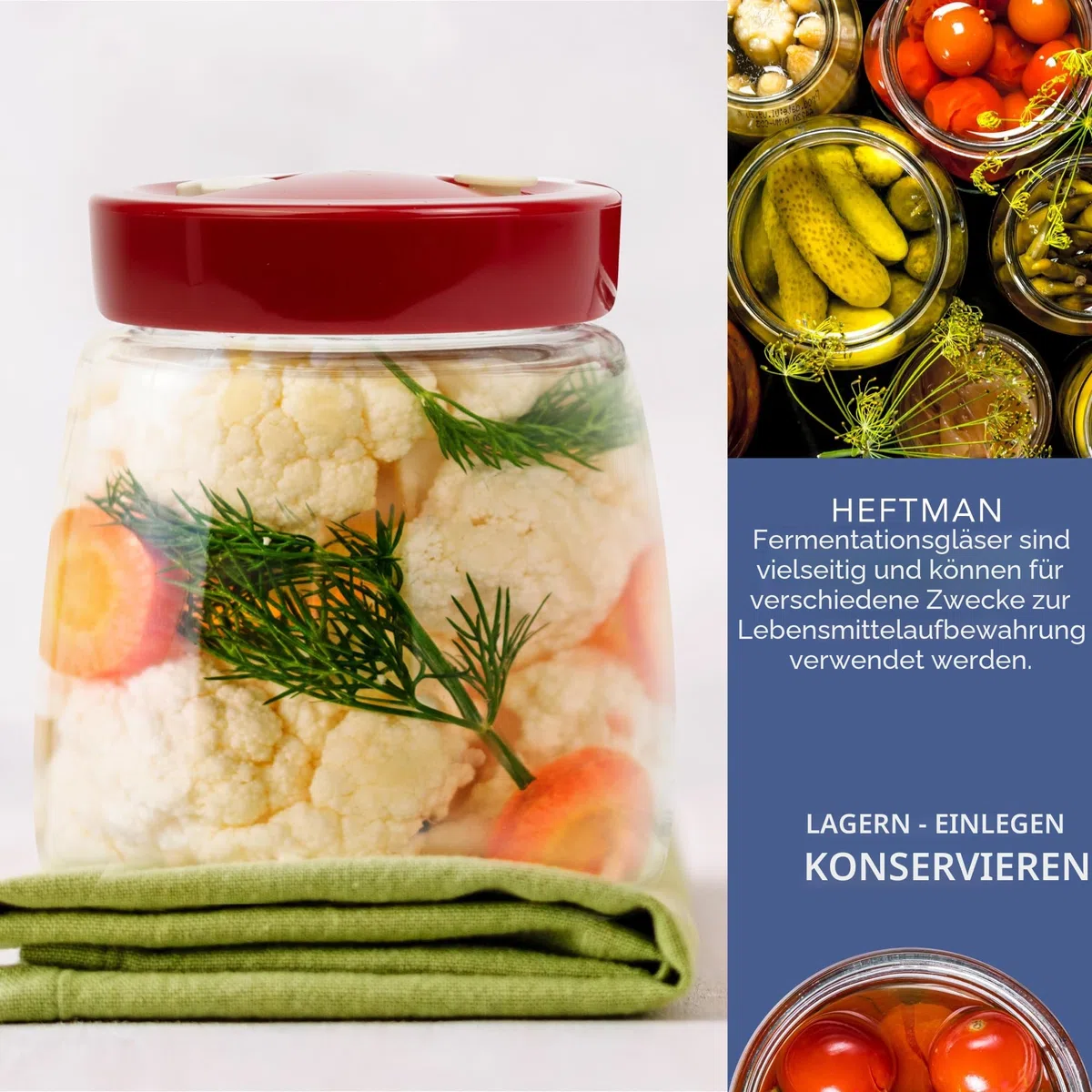 HEFTMAN Gärglas mit 1-Wege-Luftablassöffnung - 1 Liter 2er-Pack Lebensmittelecht Fermentierglas für Kefir, Kimchi, Sauerkraut, Sauerteigstarter, Overnight Oats - Gärgläser 2 Stück (Rot)