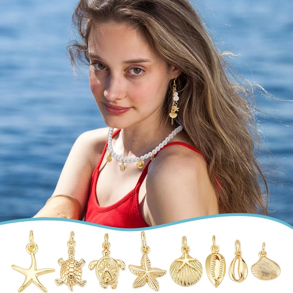 UNICRAFTALE 16 Stück 8 Stile 18 Karat Vergoldete Muschel Seestern Schildkröten Anhänger Meereslebewesen Meerestier Schildkröten Anhänger Sommer Ozeananhänger Dekor Für DIY Armbändern Halsketten