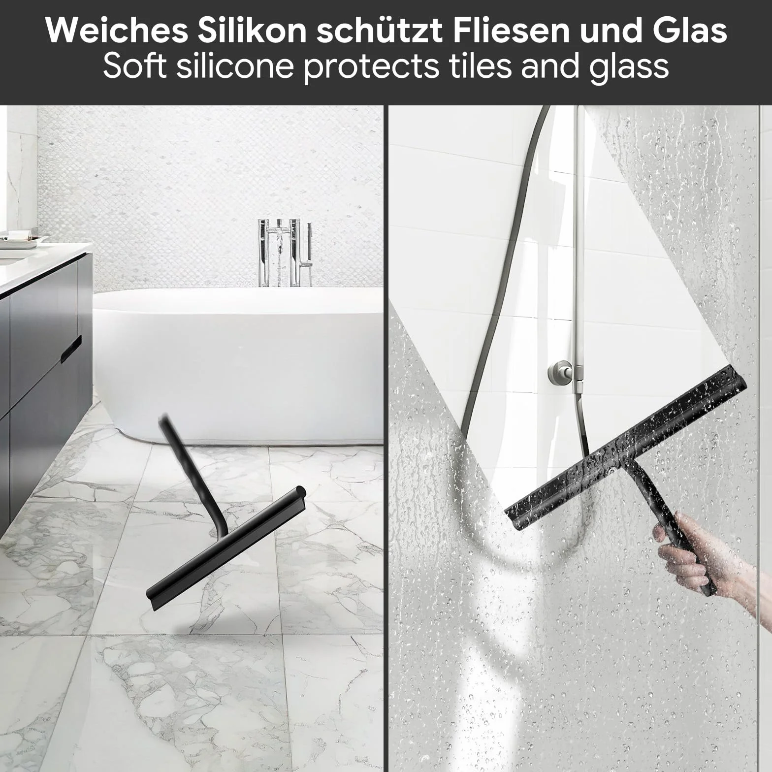 ecooe Silikon Duschabzieher 33cm Schwarz, Abzieher Dusche mit Halter, ohne Bohren Duschabzieher, Fensterabzieher mit Edelstahlkern, Badwischer für Glas, Spiegel, Fenster, Fliesen