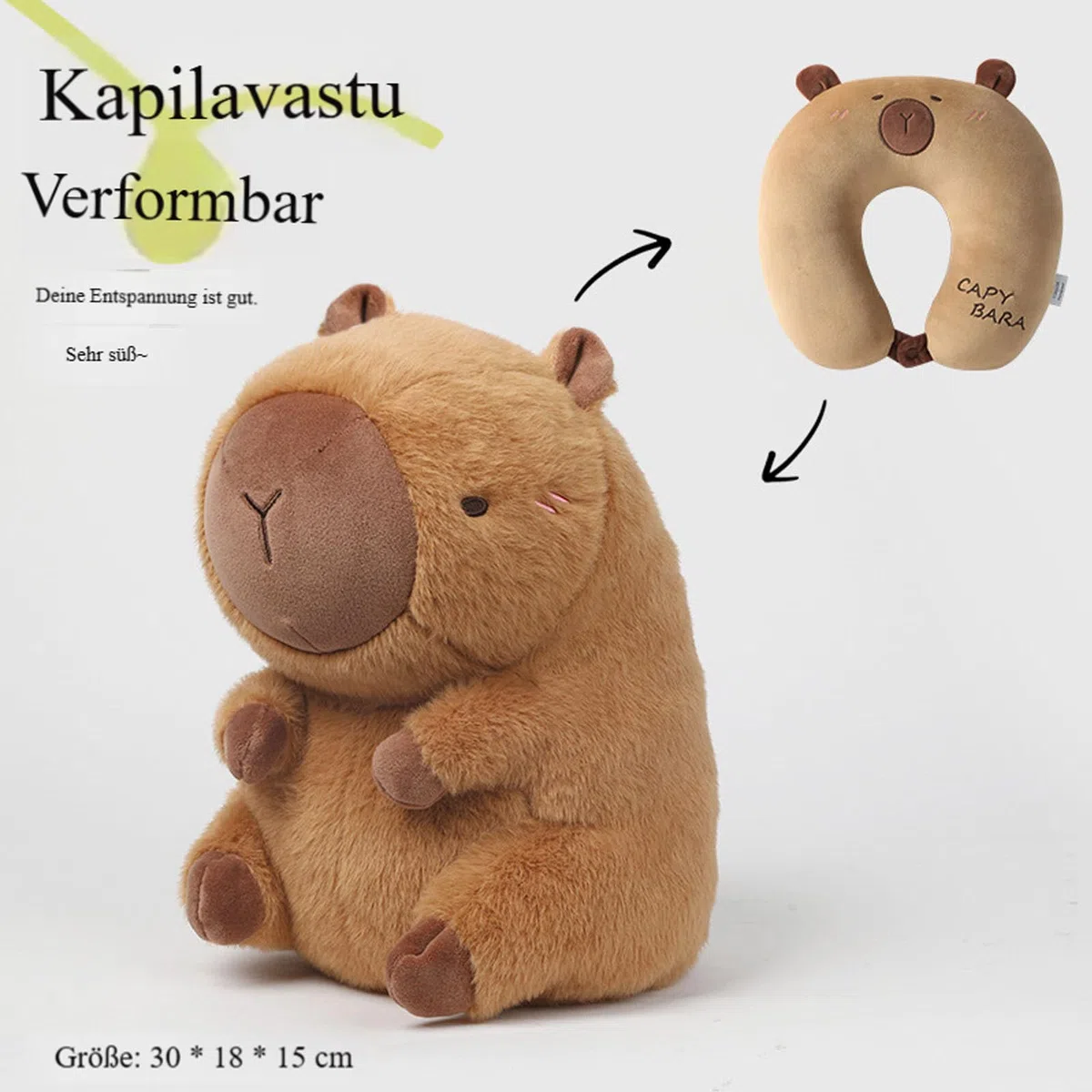 Capybara Nackenkissen, Kinder Reisekissen mit Capybara-Plüschtier, 2-in-1 Verwandlungsfähiges Wasserschweine U-förmiges Nackenhörnchen und Kuscheltier, für Auto Zug Büro Flugzeug (2-in-1 Plüsch-U)