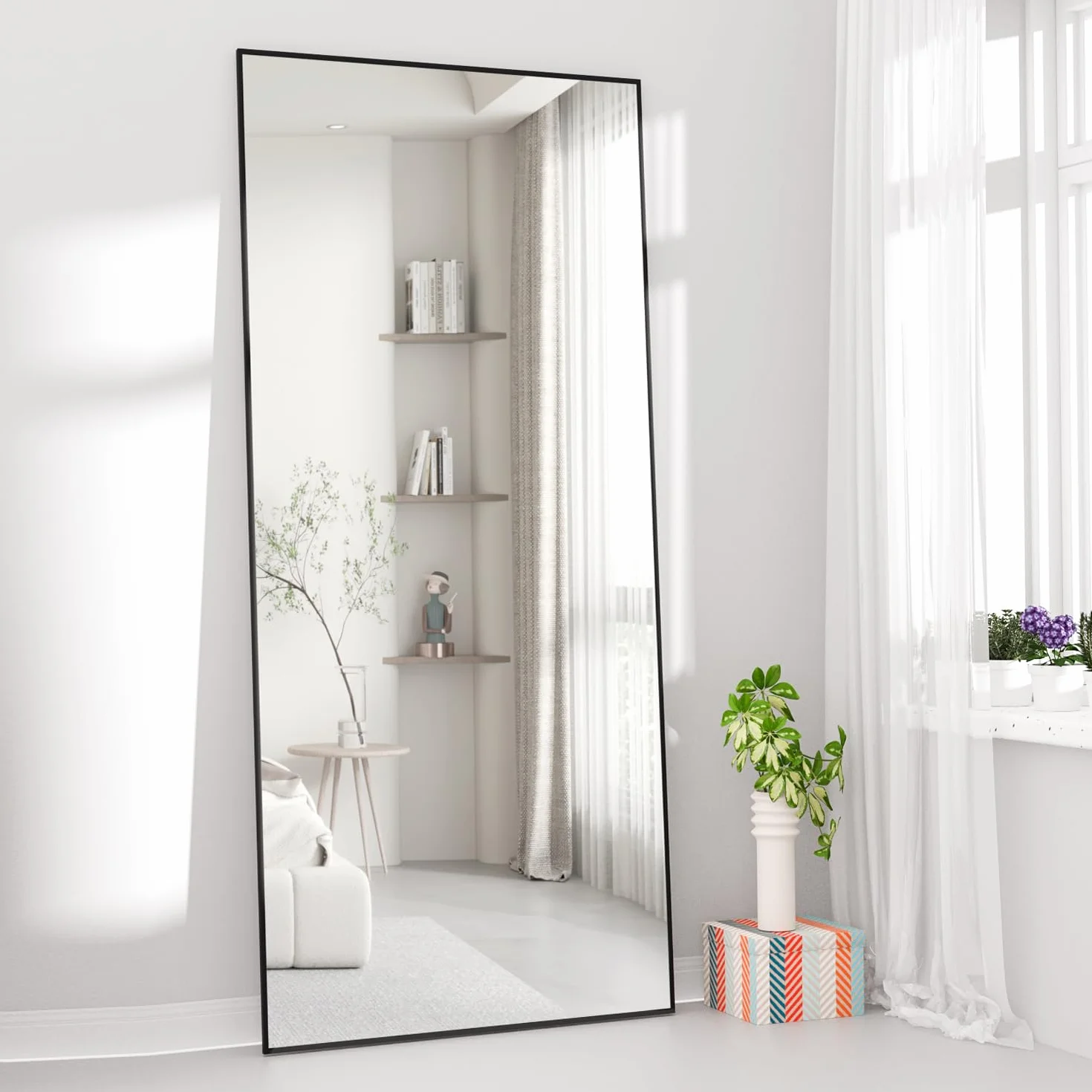Ganzkörperspiegel 165 x 60 cm Bodenspiegel, großer schwarzer Spiegel, Rechteckiger Spiegel für Schlafzimmer, Wohnzimmer, zum Aufhängen oder Anlehnen an die Wand, Rahmen aus