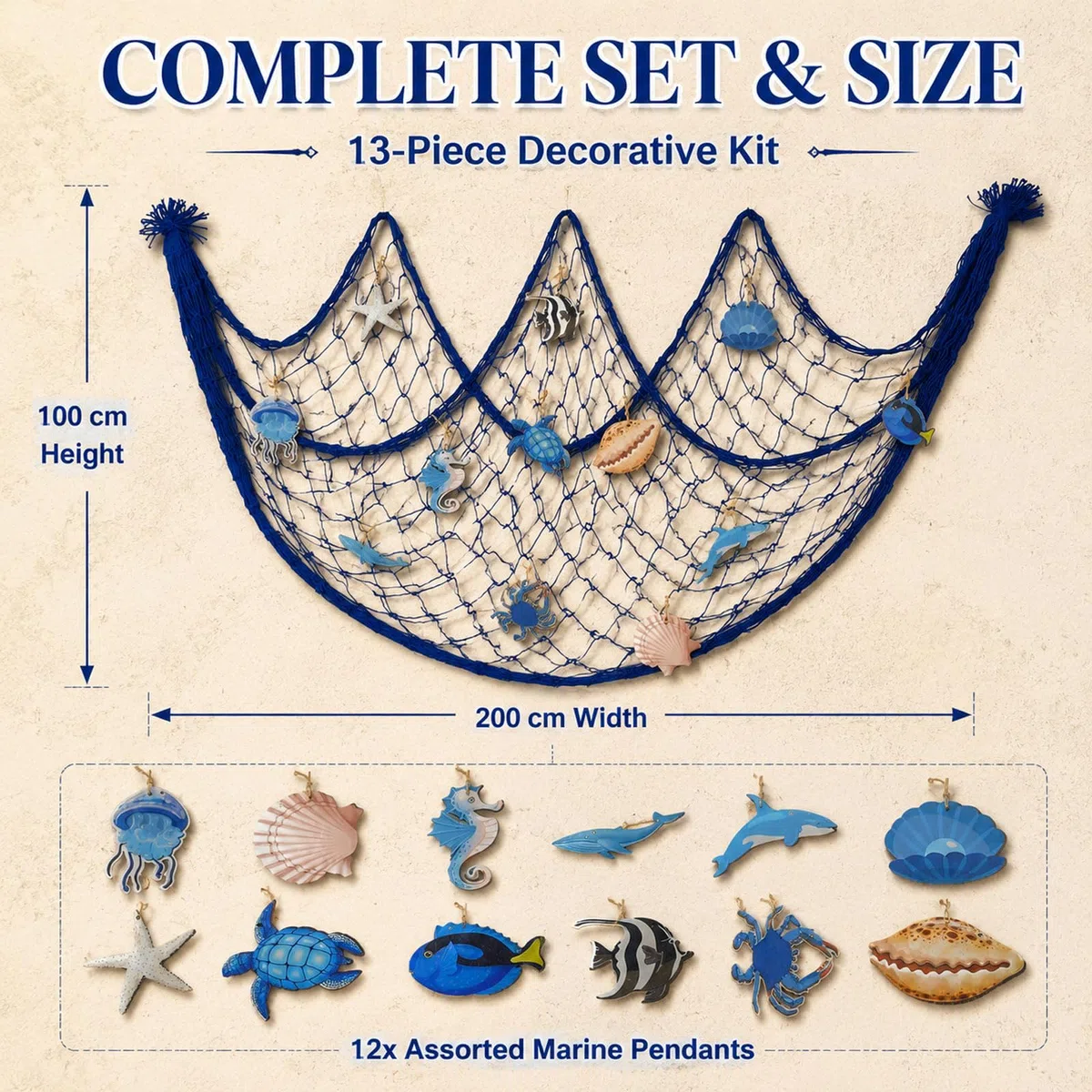 Mediterranes Fischernetz Deko-Set, 100x200cm Baumwollnetz mit 12 Meeresanhängern, Marine Wanddekoration