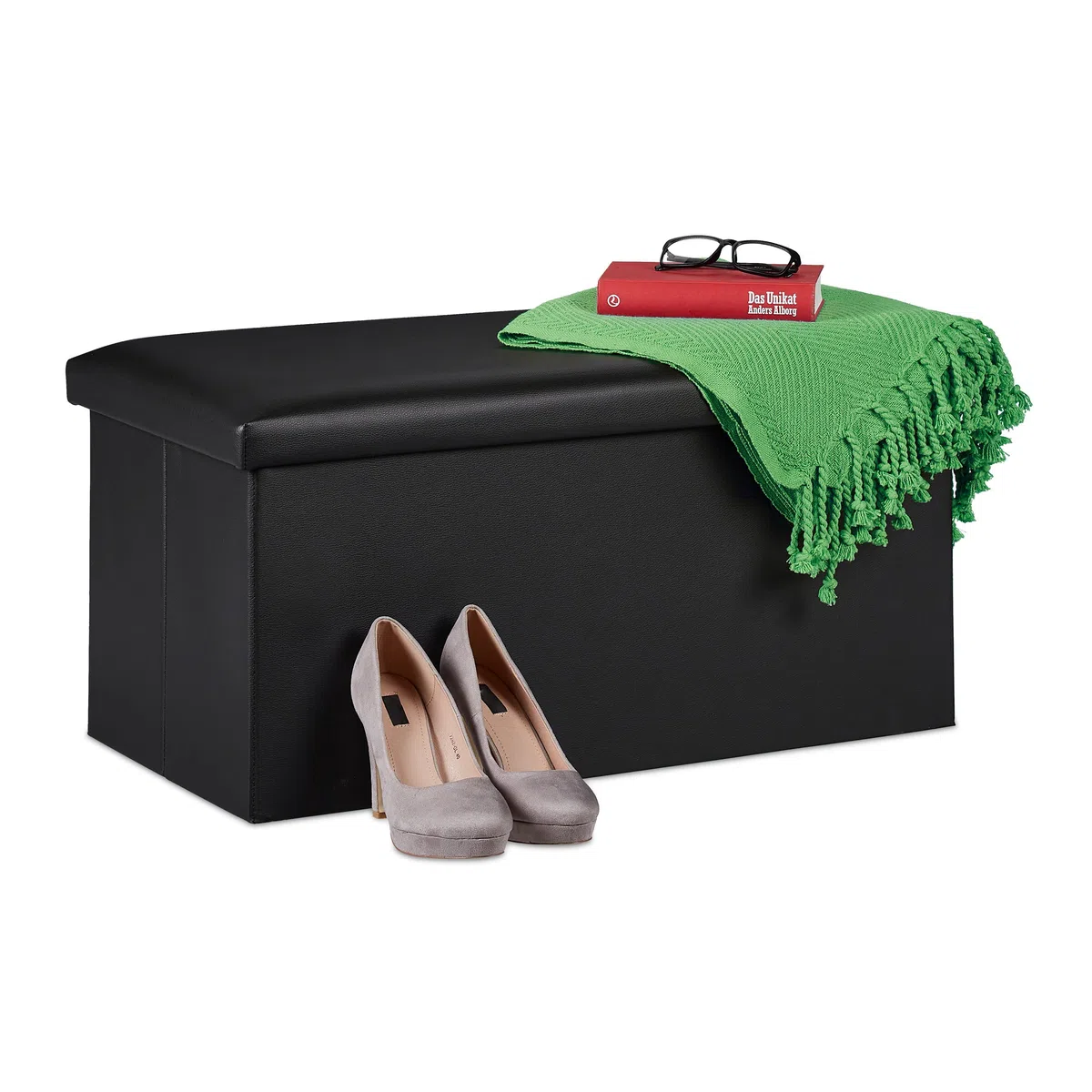 Relaxdays Sitzbank, Stauraum, Kunstleder, faltbar, gepolstert, Flur, Schlafzimmer, HBT 37,5 x 76,5 x 38,5 cm, schwarz