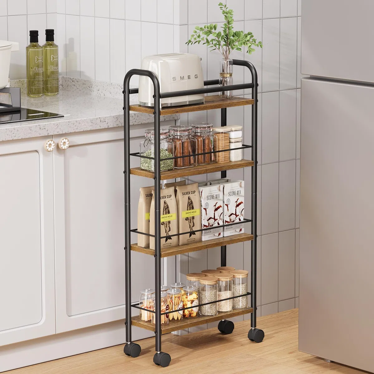 Asgolion Rollwagen 4 Ebenen, Küchenwagen schmal, Nischenregal auf Rollen, für kleine Räume, 4 Ebenen (15 x 40 x 85 cm), Küche, Bad, für Küche, Wohnzimmer, Esszimmer, Badezimmer, vintagebraun-schwarz