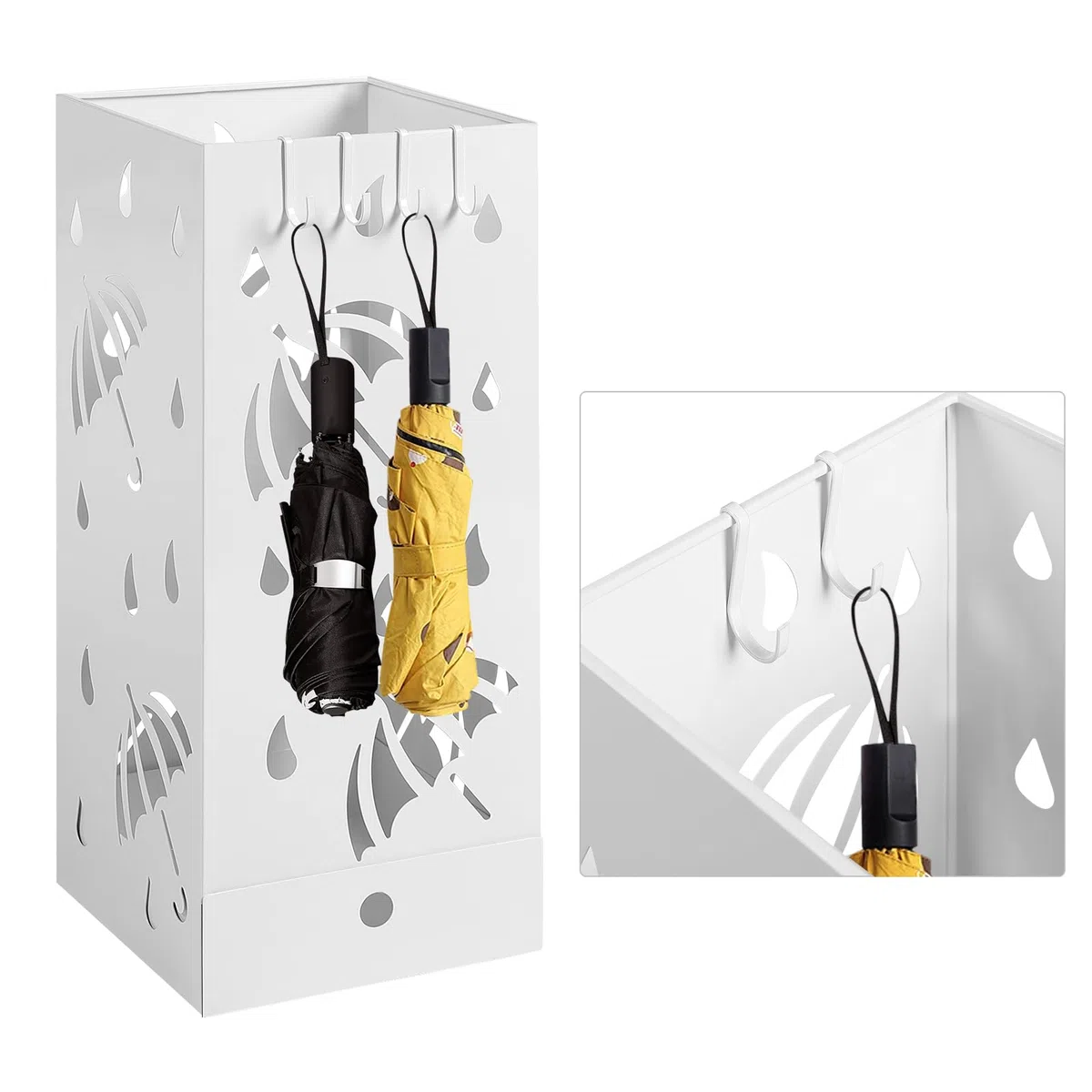 Laneetal Regenschirmständer, quadratischer Schirmständer, Regenschirmhalter aus Metall, mit herausnehmbarer Wasserauffangschale, 4 Haken, Regenschirm-Motiv, 20x49x20cm, Weiß