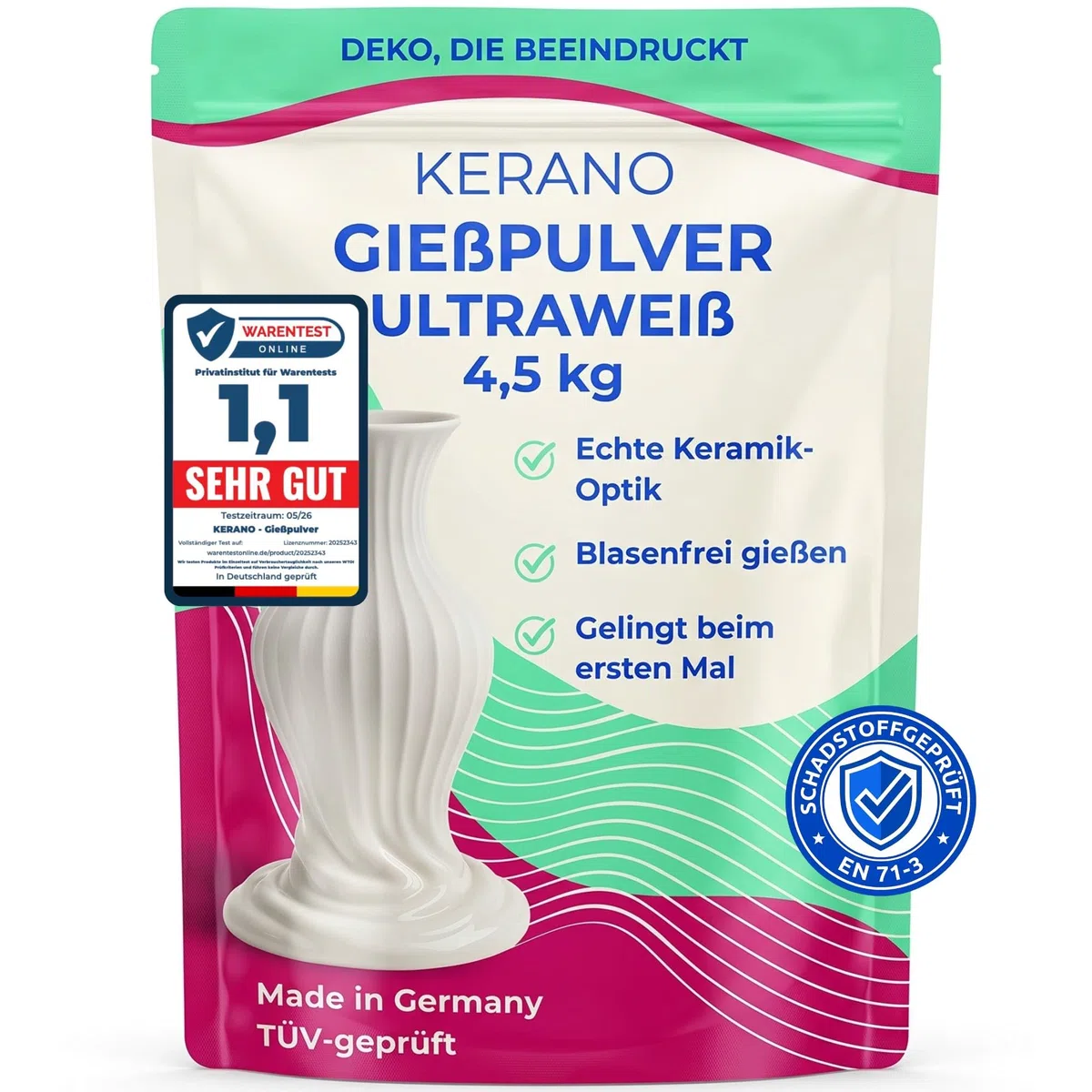 Gießpulver Weiß 4,5kg für Silikonformen, KERANO Made in Germany | In 15 Minuten entformbar, ohne Brennofen. Bildet feinste Details scharf ab, für Vasen, Kerzenhalter, Schalen & Skulpturen