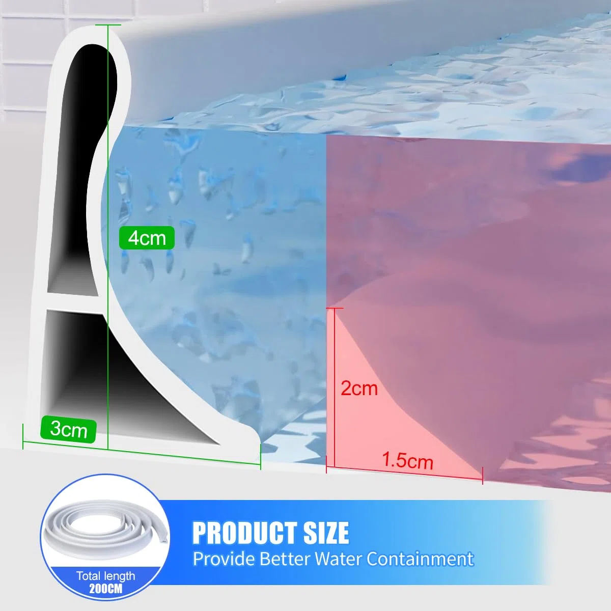2M Schwallschutzleiste Dusche Selbstklebend, 4CM Höhe Wasserstopper Dusche, 360° Biegbar Schwallschutz dusche, Silikon Duschschwelle Wassersperre für Duschabtrennung Küche (2M 3CM*4CM)