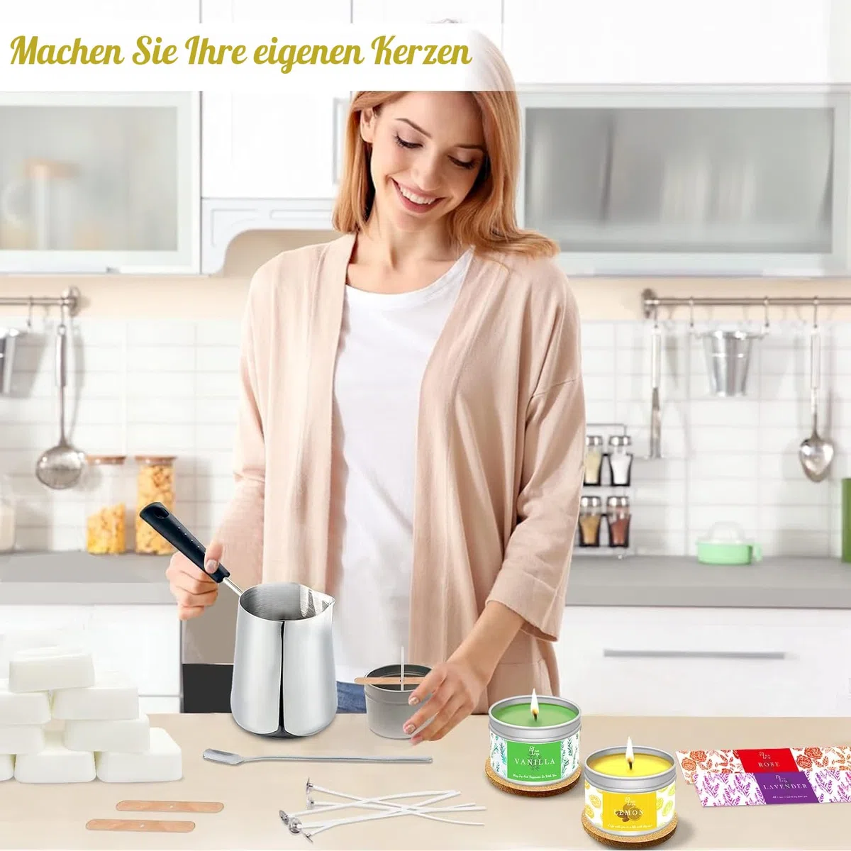ETUOLIFE Kerzen Selber Machen Set,DIY Kerzenherstellung Kit,Duftkerze Geschenke Set mit 480g Sojawachs,Kerzen Schmelztopf,8 Kerzendosen,4 Duftöl,4 Farbblöcken,50 Candle Wicks Aufklebern,16 Stickers