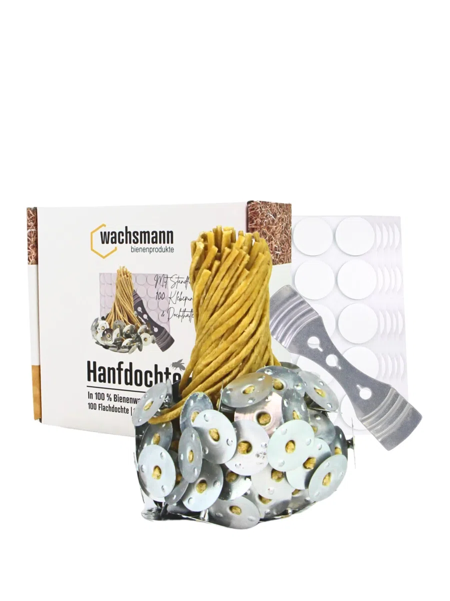 Bienenwachs-Docht aus Hanf – 100 Paraffinfreie Kerzendochte gewachst, Flachdocht 10 cm+1 lang, 3 mm breit, für Kerzen von 4-7,5 cm Duchmesser, mit Dochthalter & Klebepunkten, Kerzen selber Machen