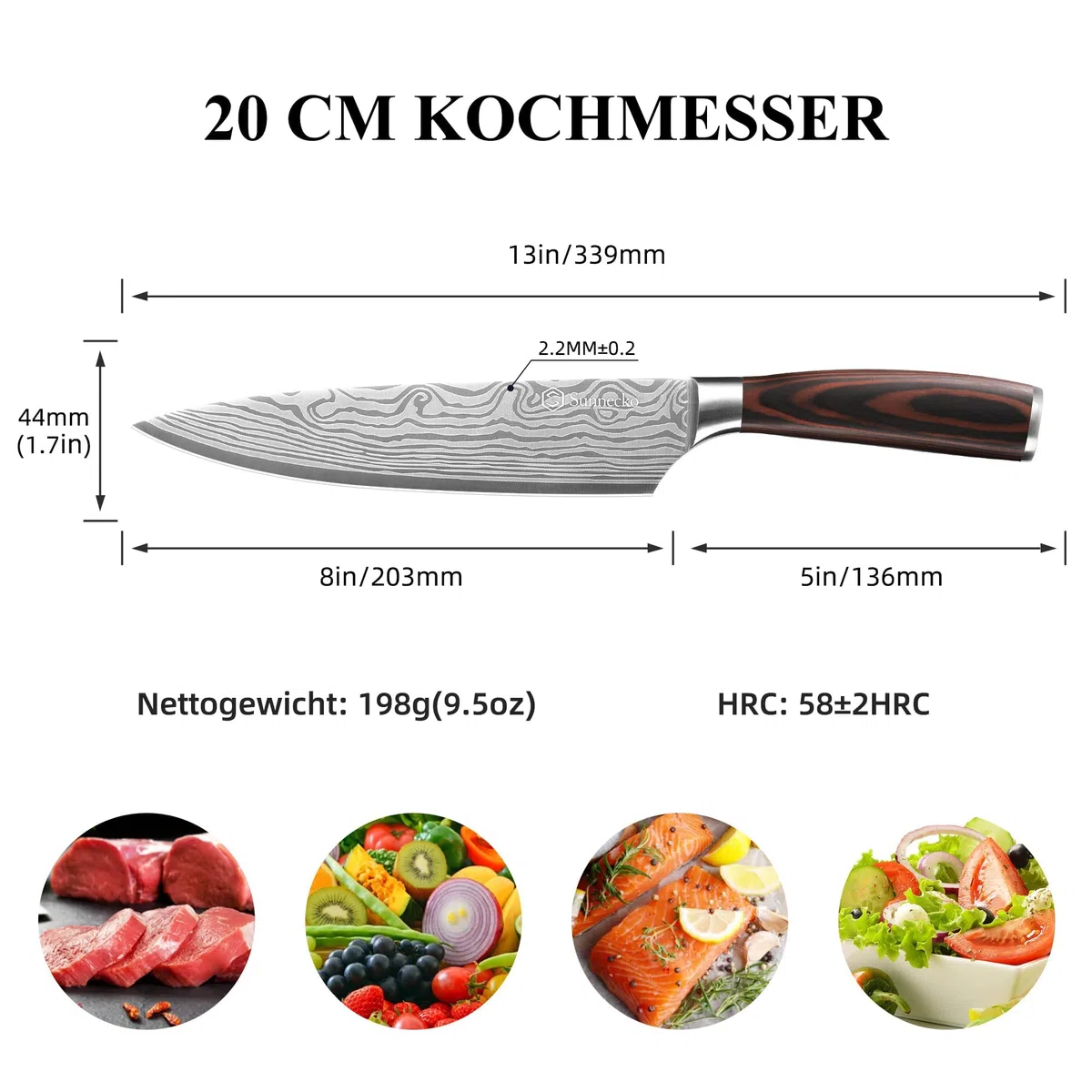 Sunnecko 20cm Messer Küchenmesser Kochmesser - Küchenmesser Profi Messer Scharfes Chefmesser Edelstahl Fleischmesser mit Pakkaholz Griff Allzweckmesser Scharf Klinge