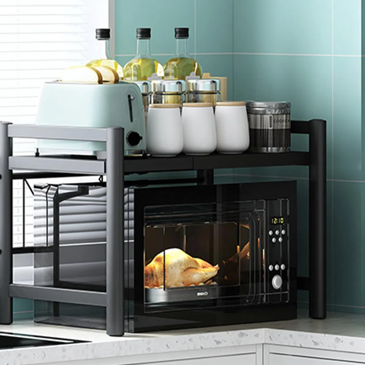 Verstellbares Mikrowellenregal, 2-Stufig Erweiterbares Küchen Mikrowelle Ständer Regal, Mikrowellenhalter aus Kohlenstoffstahl, Küchenaufbewahrung Organizer mit 6 Haken, Schwarz