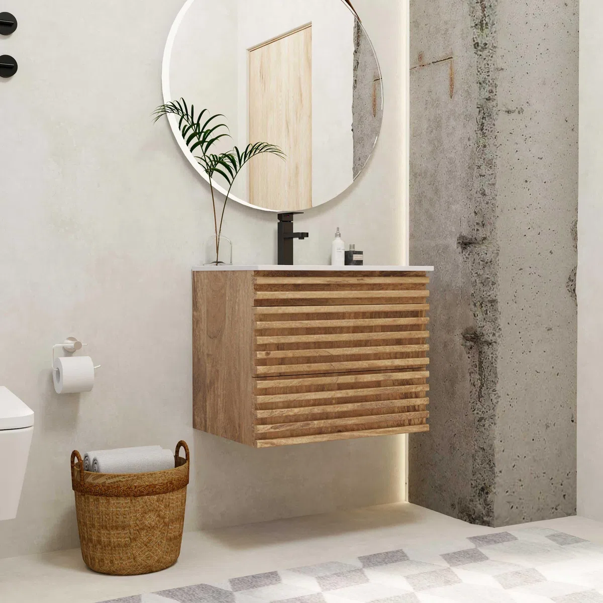UEV Waschtisch mit Unterschrank, Waschbeckenunterschrank 60cm hängend, Schubladen mit Soft-close-System, Waschplatz, Wandwaschbecken, Badezimmmer Möbel für Gäste WC, Badmöbel Set für Badezimmer, Natur