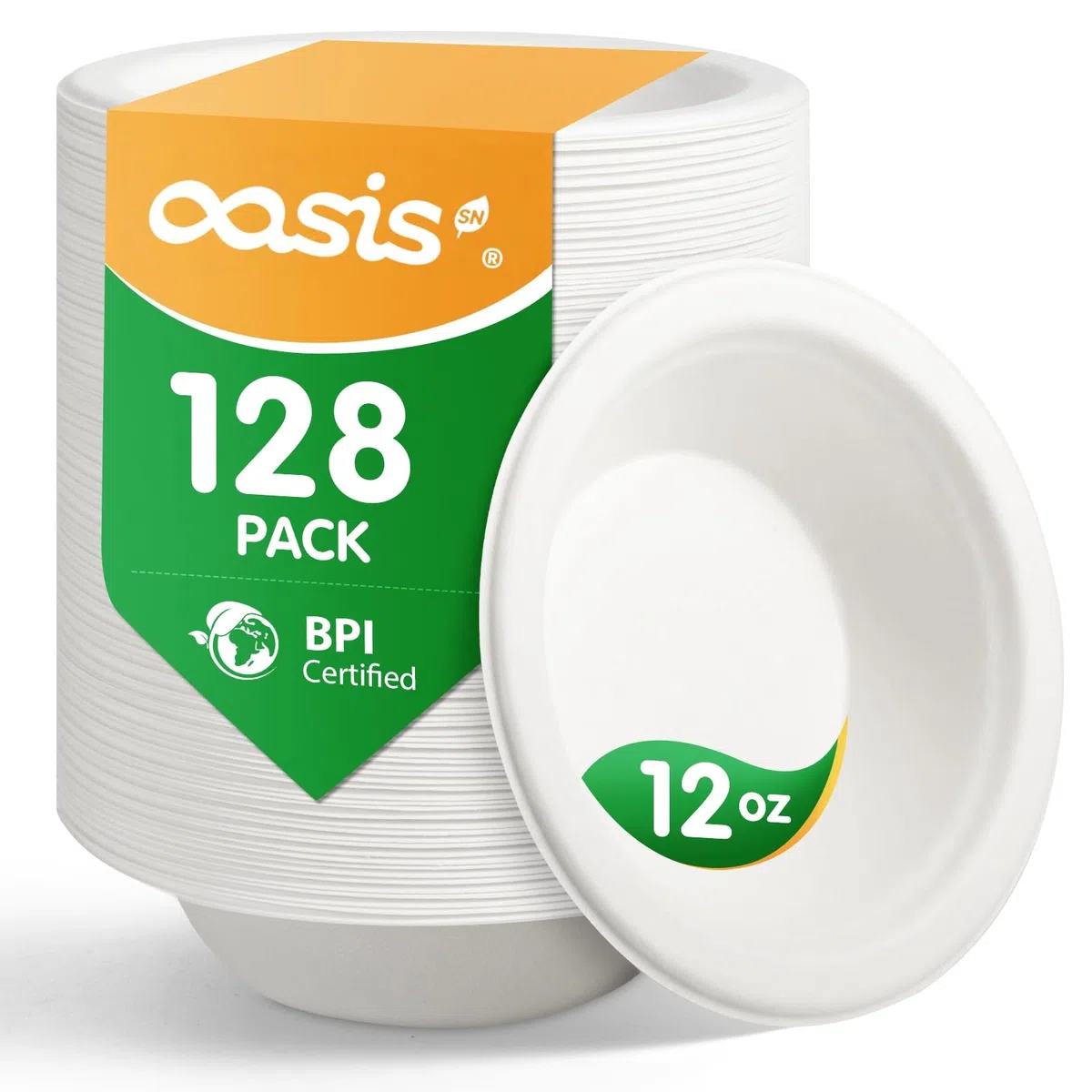 Kompostierbare Papierschüsseln, robust, biologisch abbaubar, aus Bagasse, umweltfreundlich, mikrowellen- und gefriergeeignet, 12 oz, 128 Stück (BPI-zertifiziert)