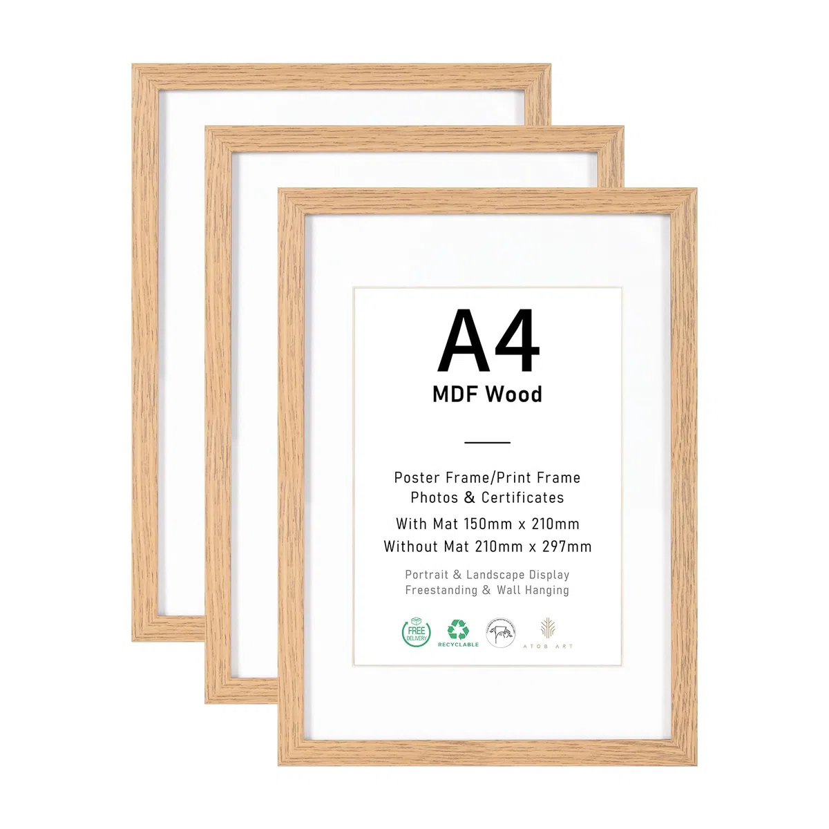 Bilderrahmen A4 MDF Holz Natur,3er Set 21x29.7cm Fotorahmen,DIN A4 Rahmen mit Acrylglas, Picture Frame 21x30 zum Aufhängen, 30x21 Holzrahmen mit Passepartout für A5 Dokumente,Zertifikate,Fotos,Poster