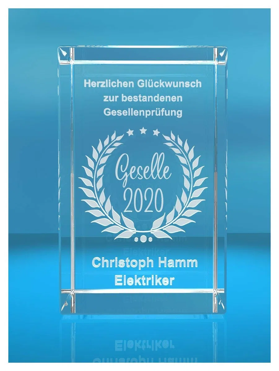ELUNO 3D Glasquader | Geselle + Jahreszahl | Glückwunsch mit Wunschtext | Geschenk zur Gesellenprüfung