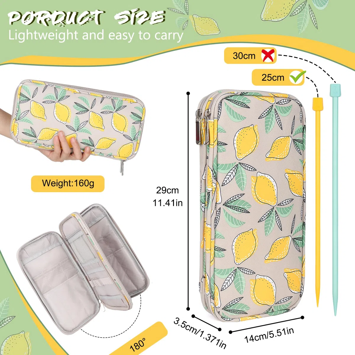 Aeelike Gelbe Zitrone Stricknadeln Häkelnadeln Aufbewahrung Etui, Doppelter Organizer Tasche mit Reißverschluss für Tunesische Häkelnadel Aufbewahrung, Stricknadel Set und Strickzubehör (OHNE Zubehör)