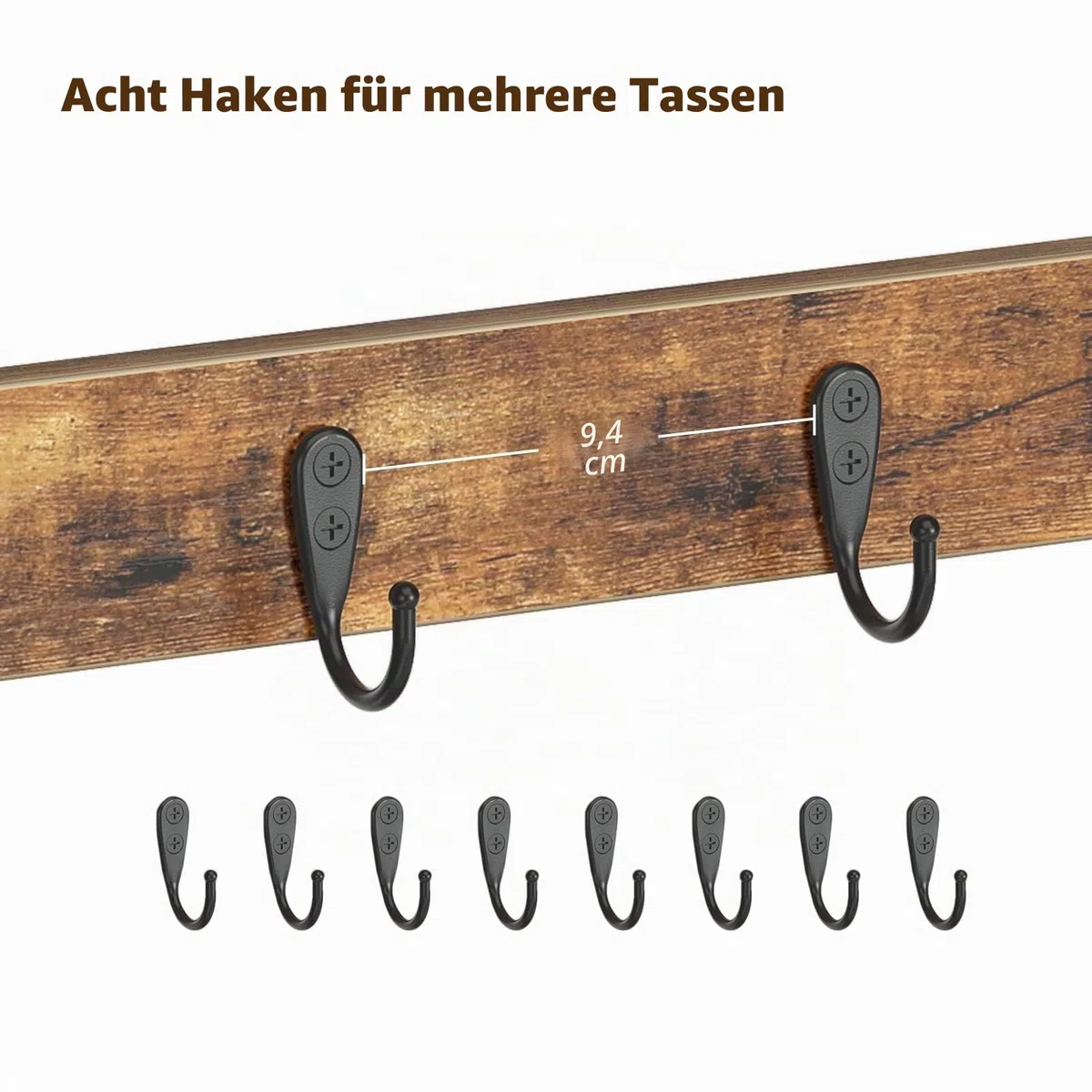 YATINEY Tassenhalter Stand, Tassenregal mit 8 Haken, Tassenständer, Küchenregal, vertikales Lagerregal, Getränkehalter mit Regalen, Displayständer, für Küche, Wohnzimmer, Vintagebraun XMH43BR