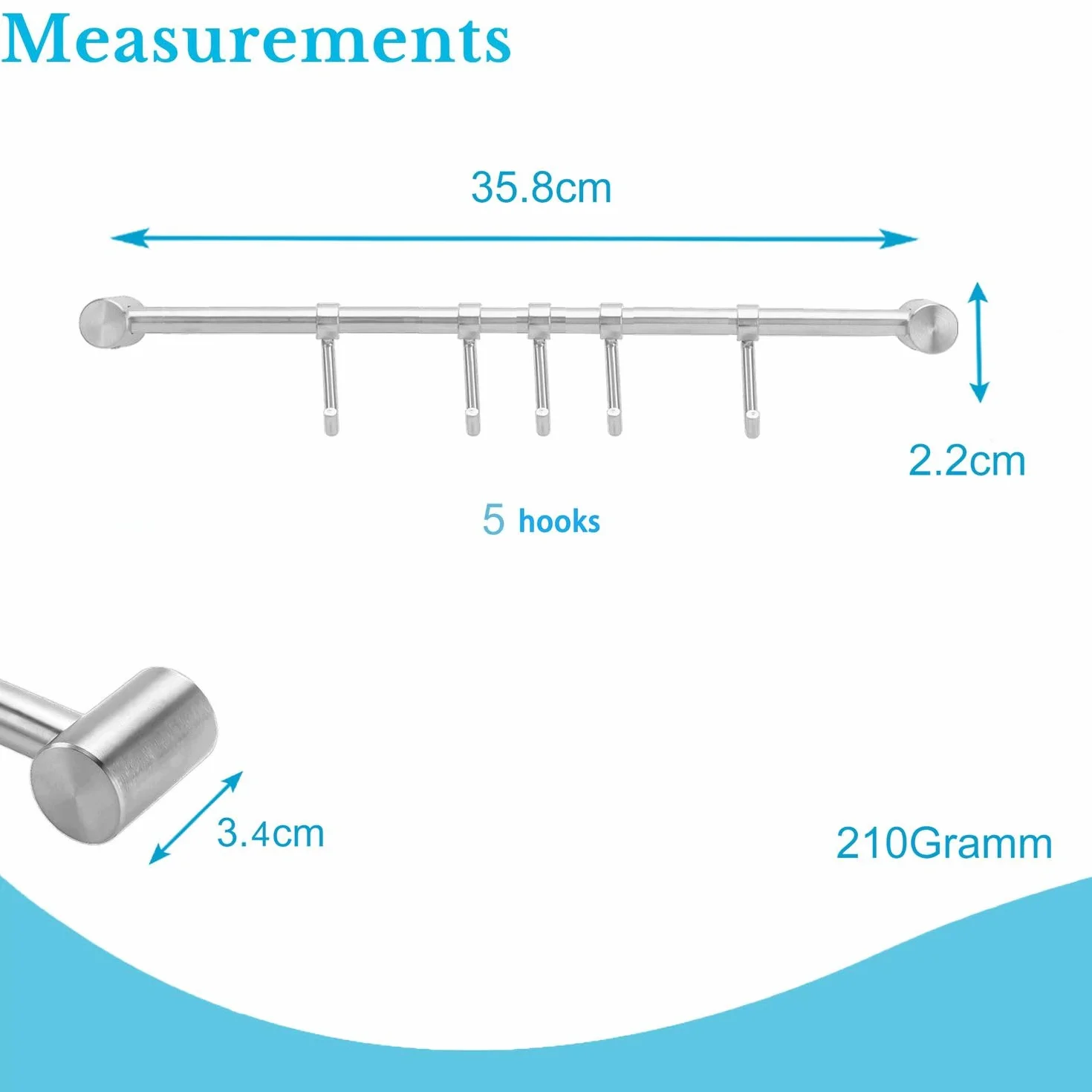 INTIRILIFE Hängeleiste für die Küche aus Edelstahl mit 5 beweglichen Haken zum Bohren - 35.8 x 3.4 x 2.2 cm - Küchen Reling Hakenleiste Halter Küchen Utensilien Stange Tassenhalter Wandhalterung