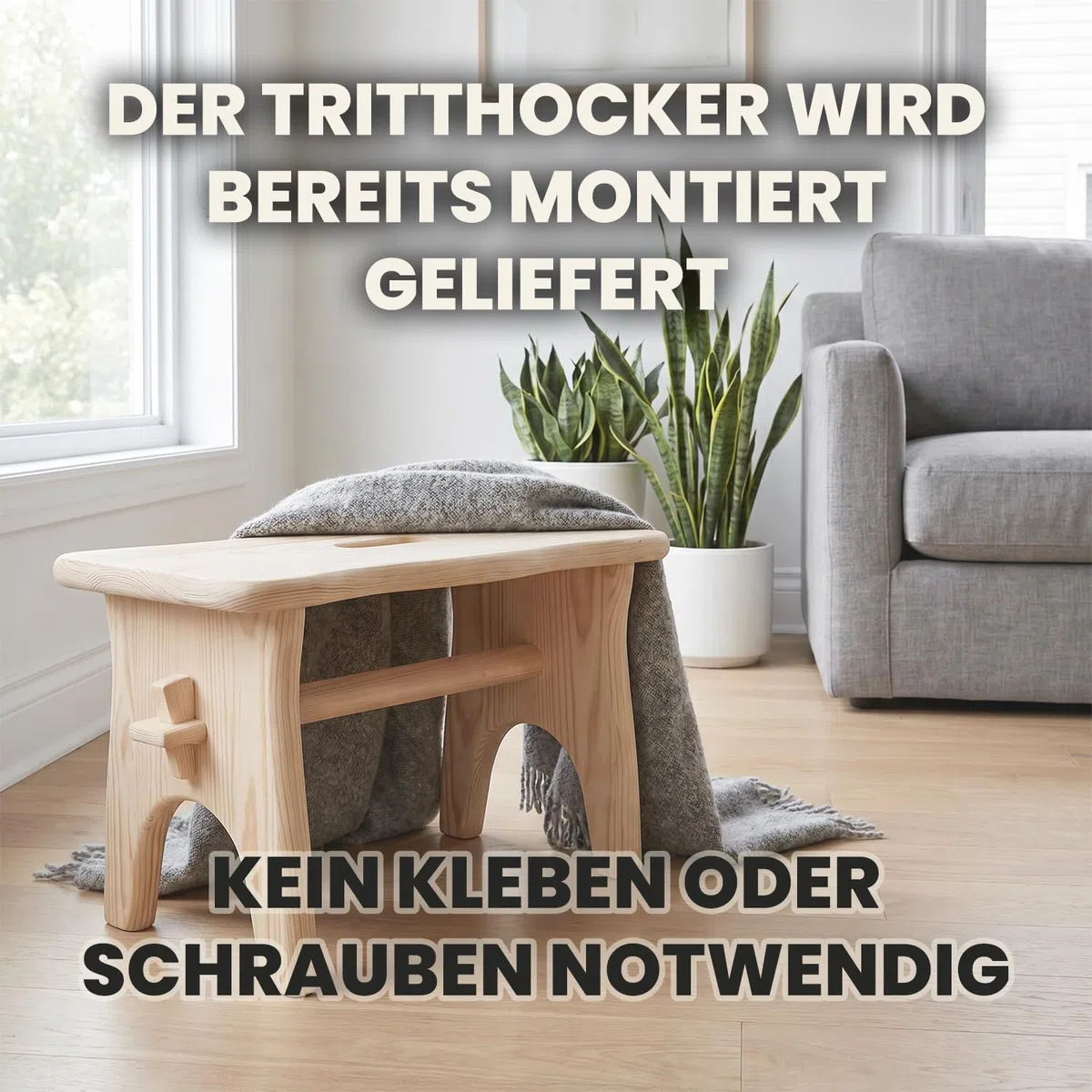 Kleiner Hocker Holz, Keine Montage, kein Kleben, 40 x 20 x 20 cm | 40 x 20 x 20 cm, Kiefernholz massiv, Mit Tragegriff, Leicht und stabil, Für den täglichen Gebrauch, Platzsparend