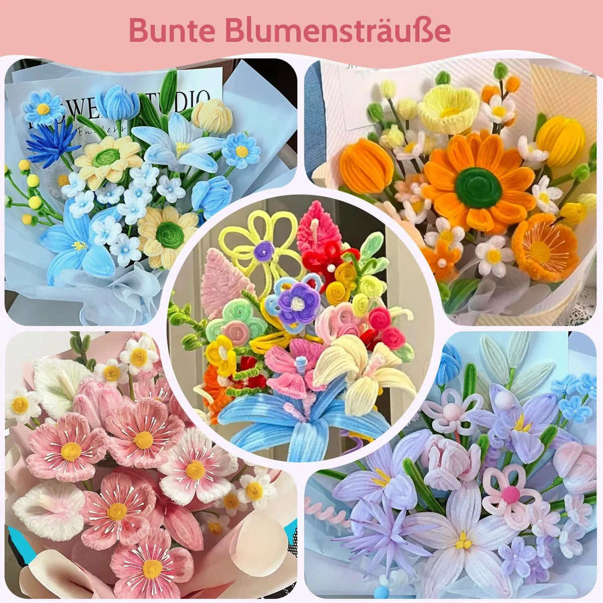 500 Stück Pfeifenreiniger Blumen Set, 20 Farben Pfeifenputzer zum basteln | Pipe Cleaner mit 25 Stück Blumendraht Grün, Klebeband, Geeignet als Geschenk zum Valentinstag und Weihnachten