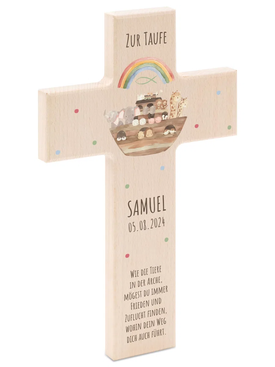 Bärenfreunde - Personalisiertes Taufkreuz mit hochwertigem Spezial-Druck aus massivem Buchenholz - Taufe Geschenk - Holzkreuz Taufe (Arche Noah Tiere)