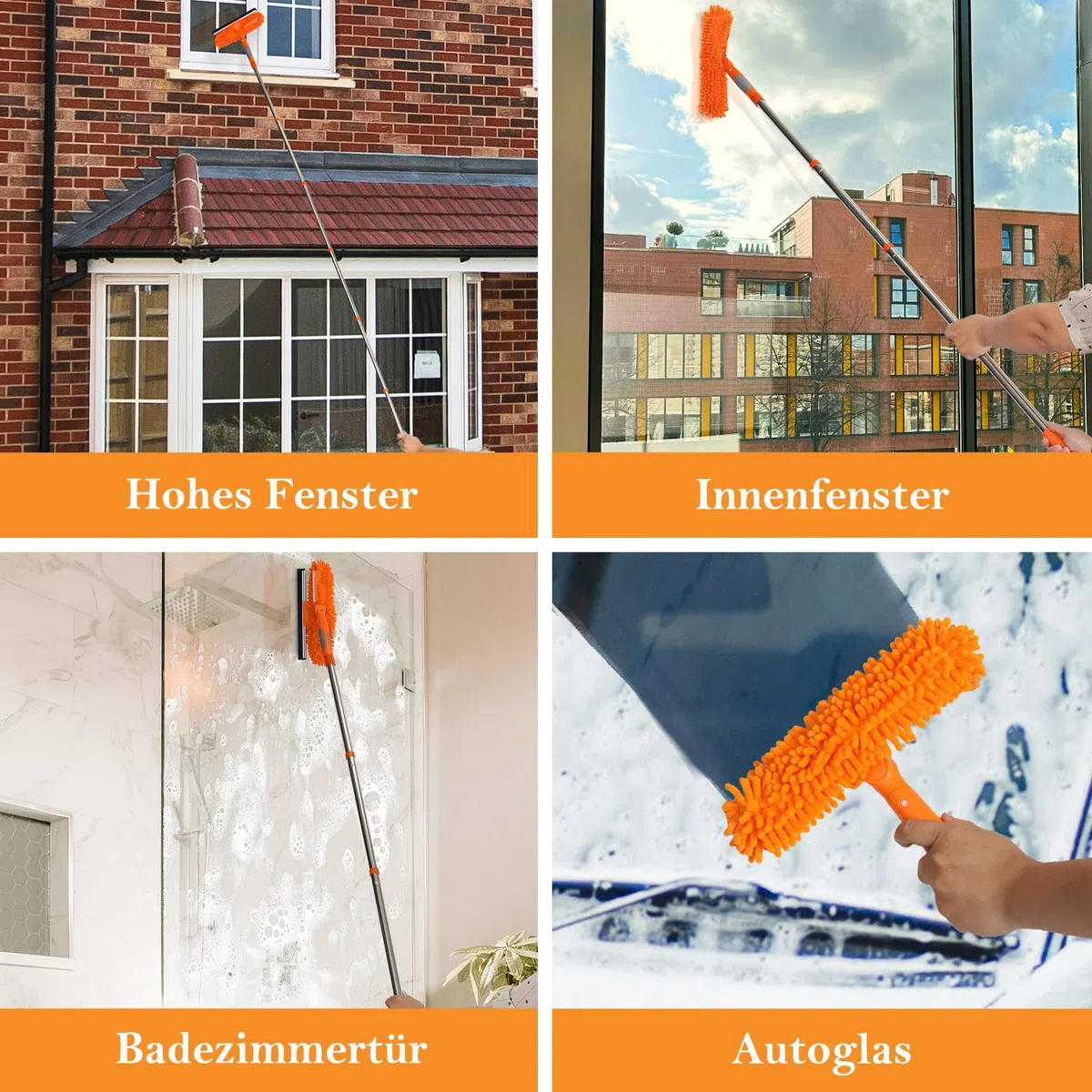 Terafeels 170cm Teleskop Fensterwischer Abzieher Set, 2 in 1 Teleskopstange Fensterreinigung ür Innen und Außen Hohe Fenster Autoglas (Orange)