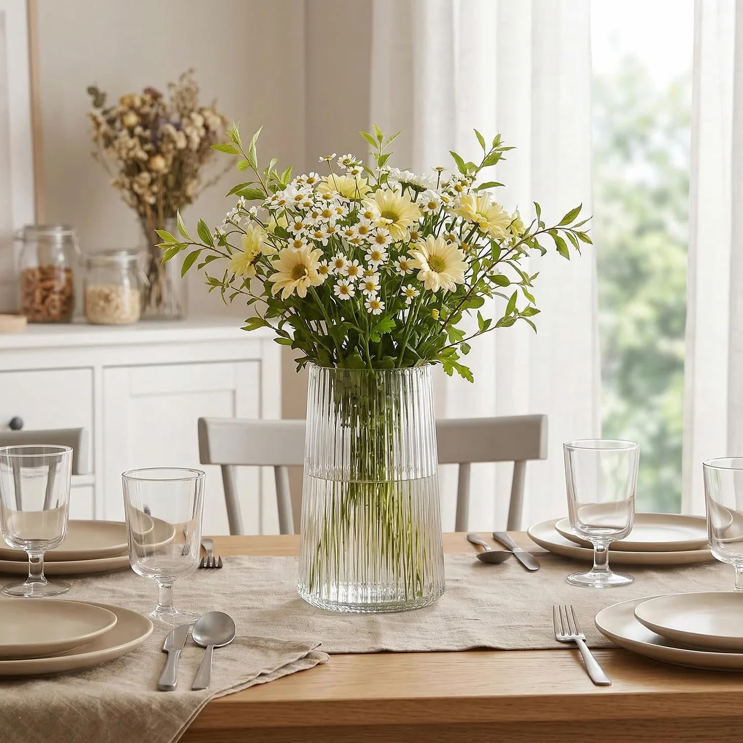 Klarglas-Vase für Blumen, Glasblumen-Vase, Blumenvasen für Bouquet, moderne gerippte Vasen für Wohnzimmer, Esszimmer, Kaffeetisch, Büro, Hochzeit, 20CM