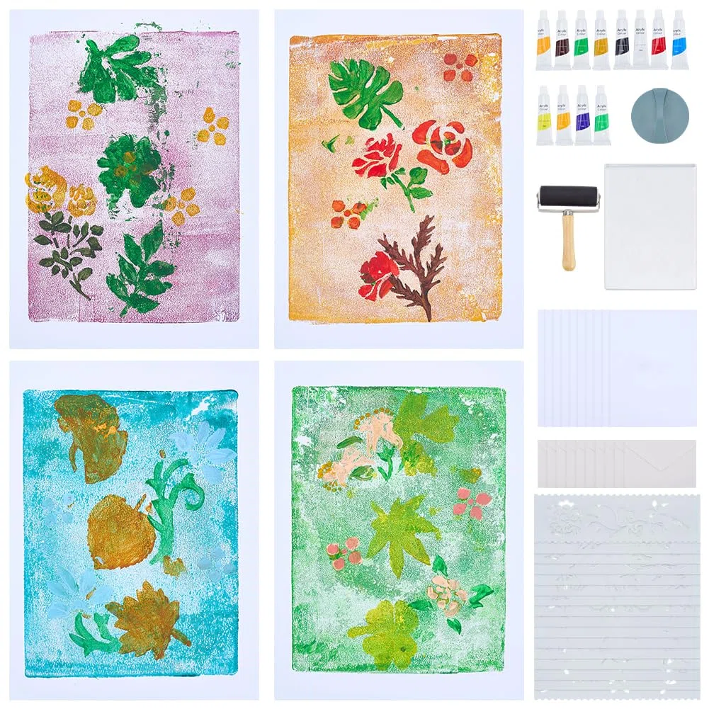 WEBEEDY 10 Set Gell Druckplatten Kit Für Mixed Media Kunst DIY Druckset Mit 12.7x17.8cm Gelplatte Blumen & Blattschablonen Walze Ein Papier Farben & Anleitung