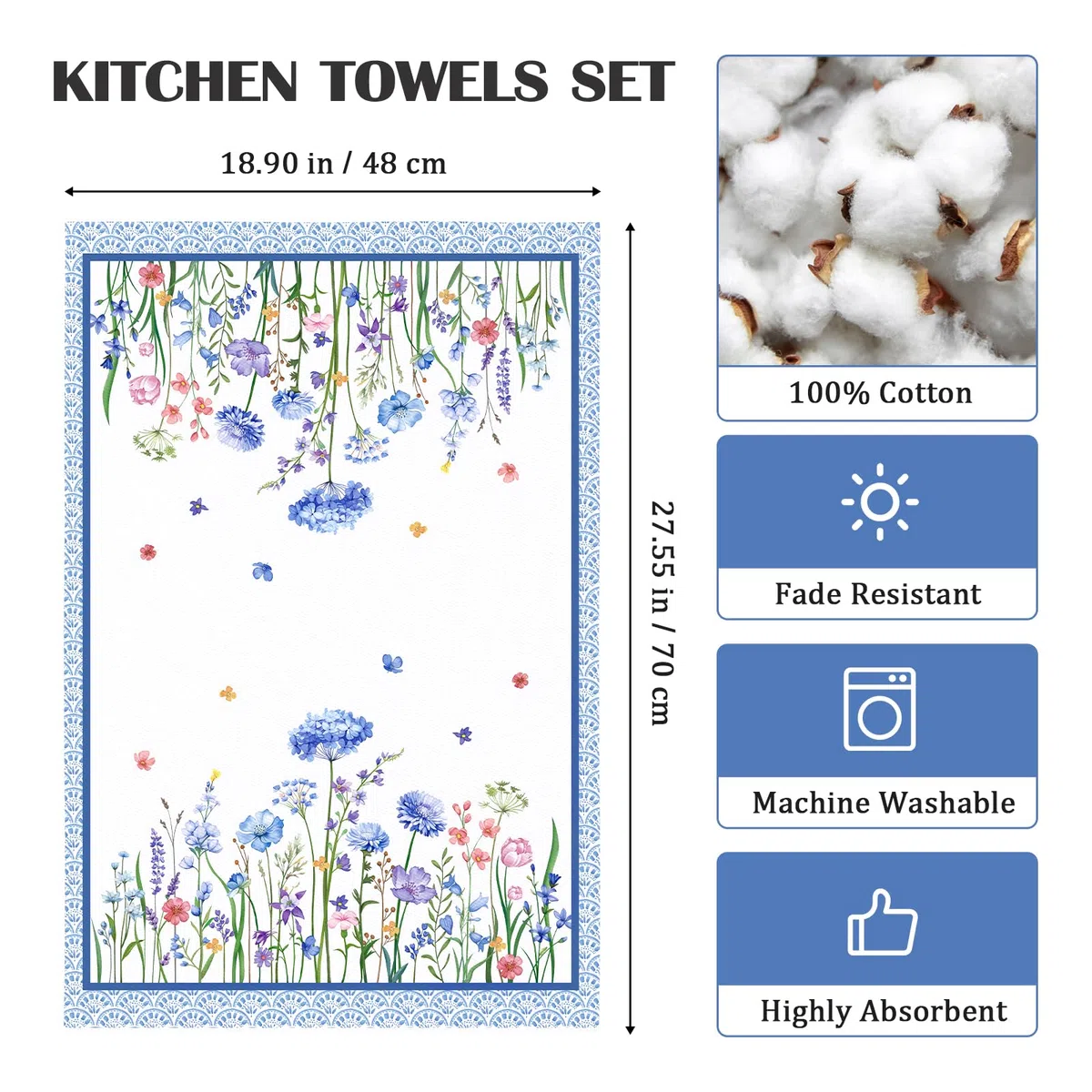 4er Set Geschirrtücher Blau Wildblume Küchentücher Schmetterling Blume Dekorative 100% Baumwolle, 48 x 70 cm, Trockentücher Saugstarke Geschenk, Küche Dekoration