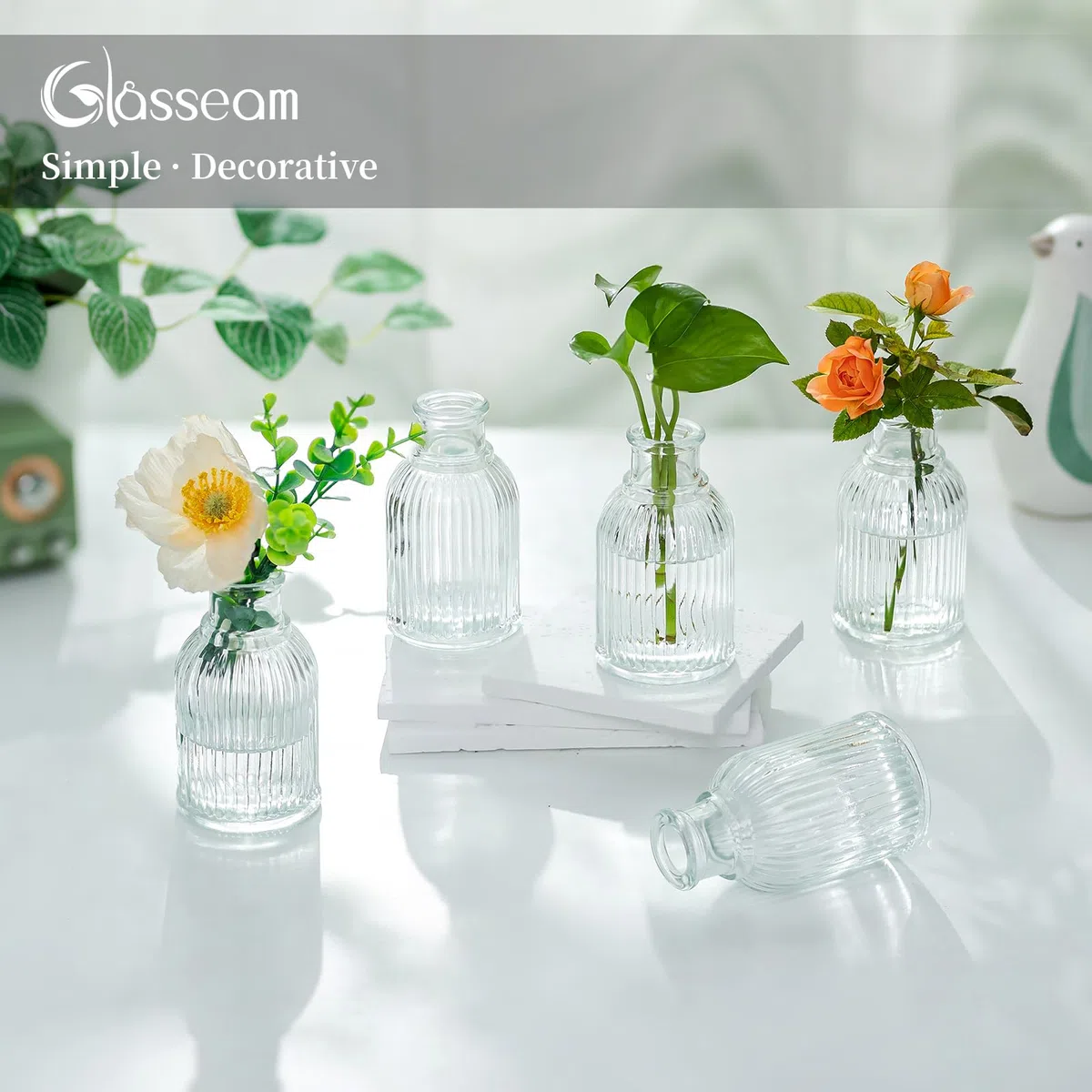 Glasseam Glas Kleine Vasen für Tischdeko: 12 Stück Blumenvase Klein für Hochzeit Party Tisch Deko Home Room Wohnzimmer Dekoration - Mini Vase Modern Glasvasen Set für Blumen Bud Pflanze