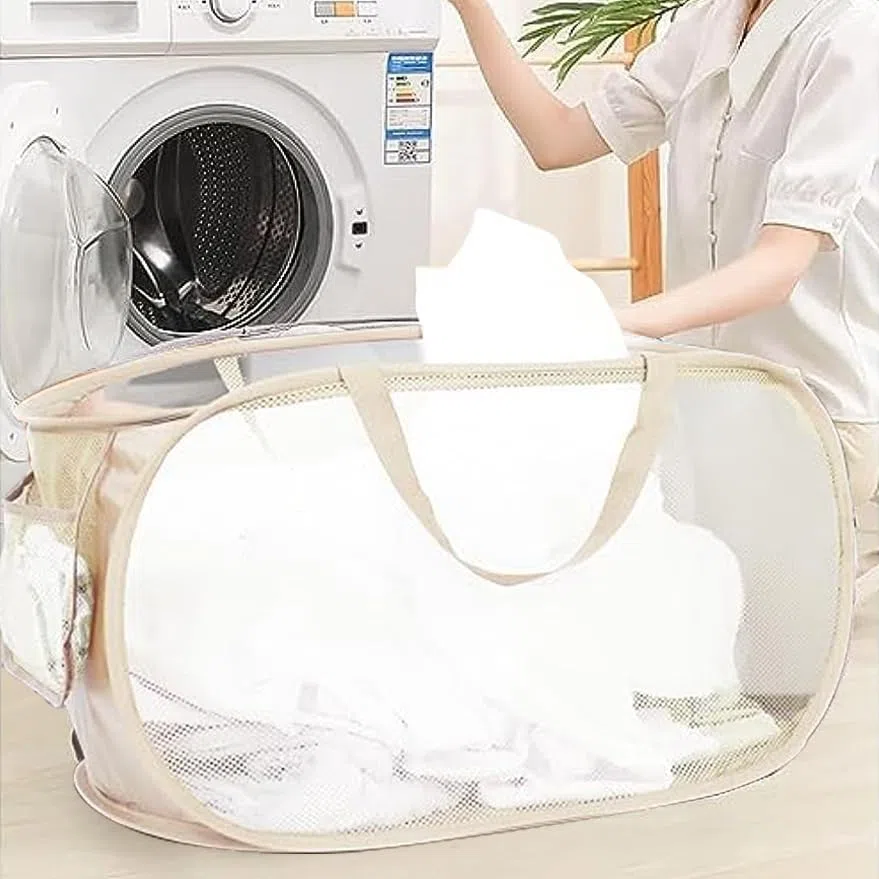 Faltbare Wäschekorb, Pop-Up-Design, Seitentasche, groß, für schmutzige Kleidung, Badezimmer, Kinderzimmer, Reisen, Camping, 57x36x36 cm, Beige, 2 Stück