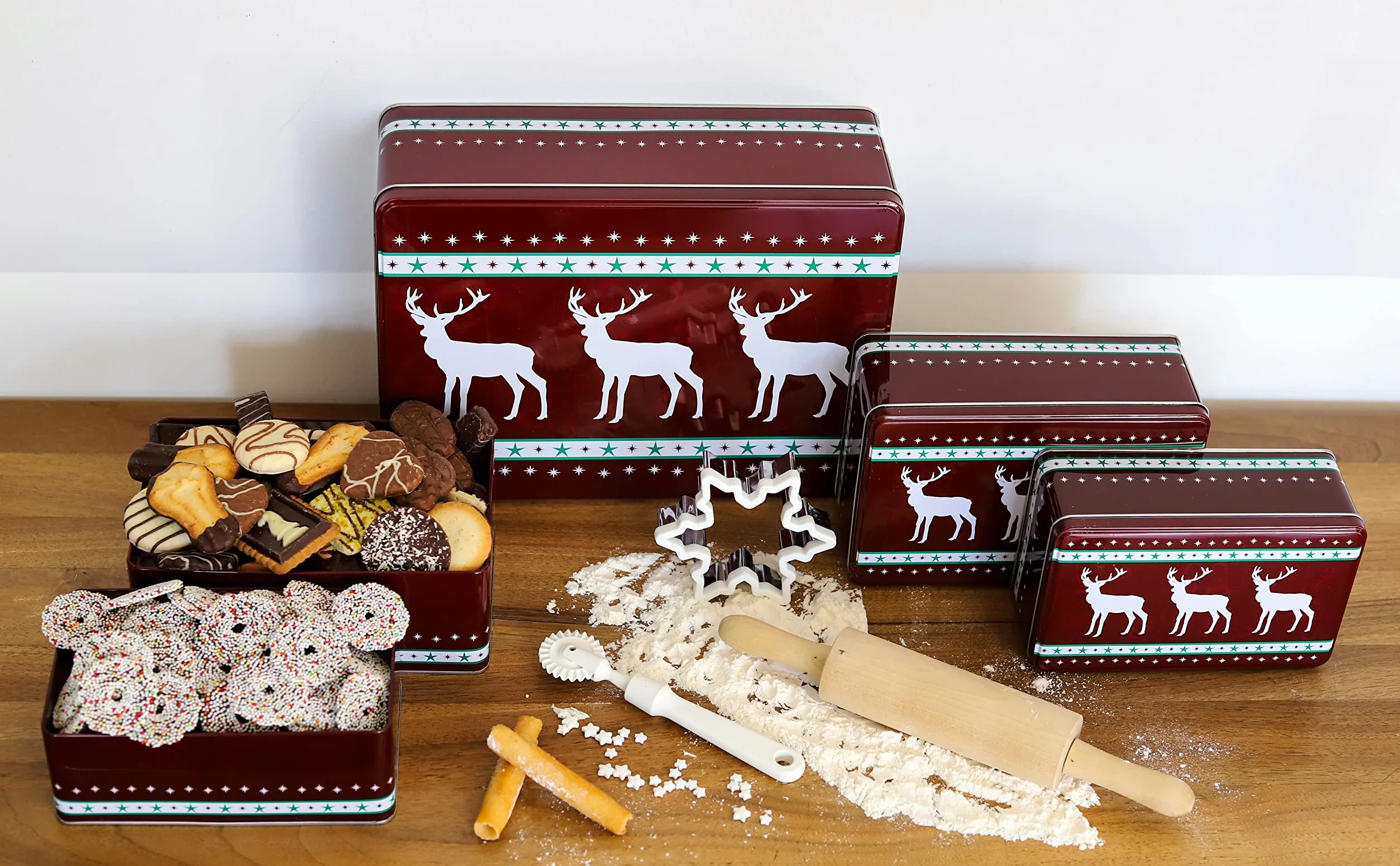 Brandsseller 5er Set Keksdosen aus Metall – Weihnachtsdosen mit Deckel, lebensmittelechte Vorratsdosen für Plätzchen, Gebäck & Kekse – Bordeaux Rentier